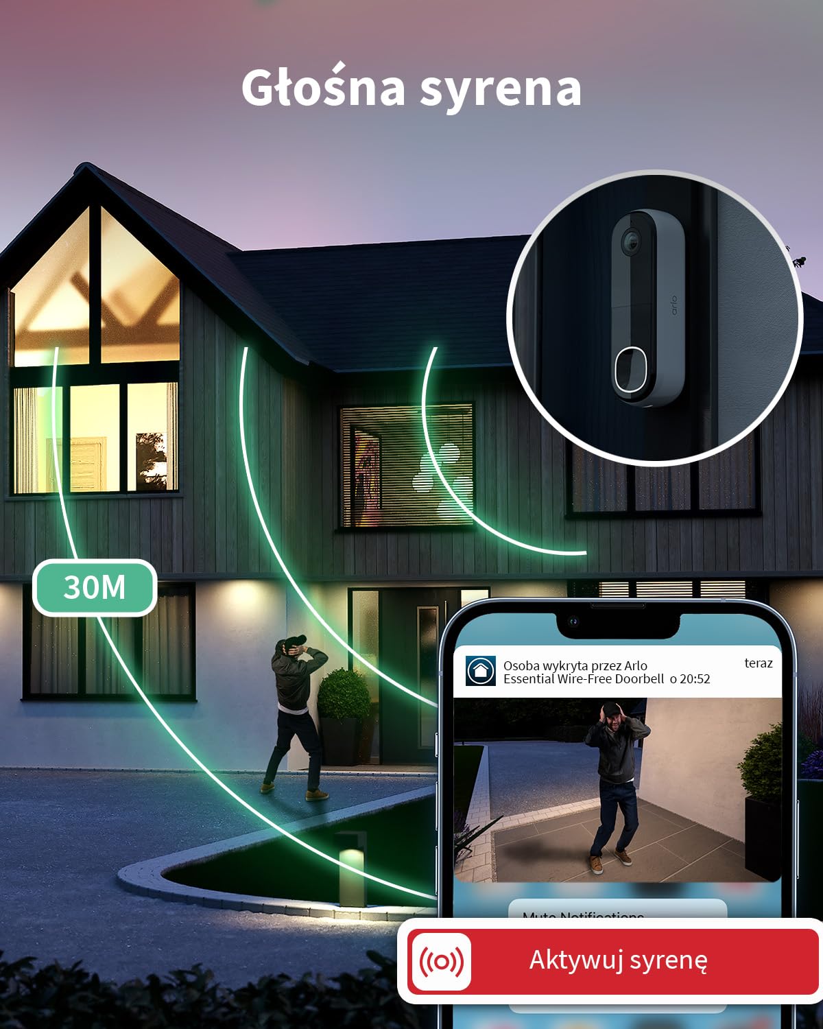Arlo 2K HD Wideo Dzwonek do Drzwi z Gongiem, WiFi Doorbell, Czujnik Ruchu, Dwukierunkowy Dźwięk, Syrena, Pole widzenia 180, Obraz w nocy, Kompatybilny z Alexa, Testowy Plan Arlo Secure