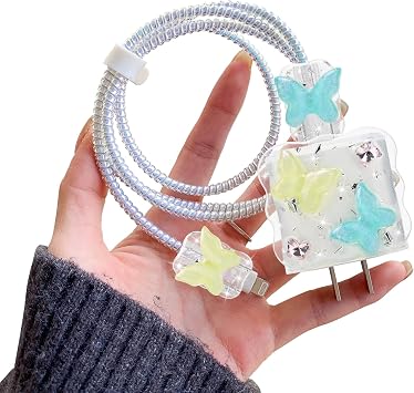 حامي كابل موجة لطيف متوافق مع محول شاحن iPhone مع تصميم الفراشة الخضراء Sparkle Bling ، غطاء بيانات USB سلك سلك توفير حافظة إضاءة لشاحن iPhone