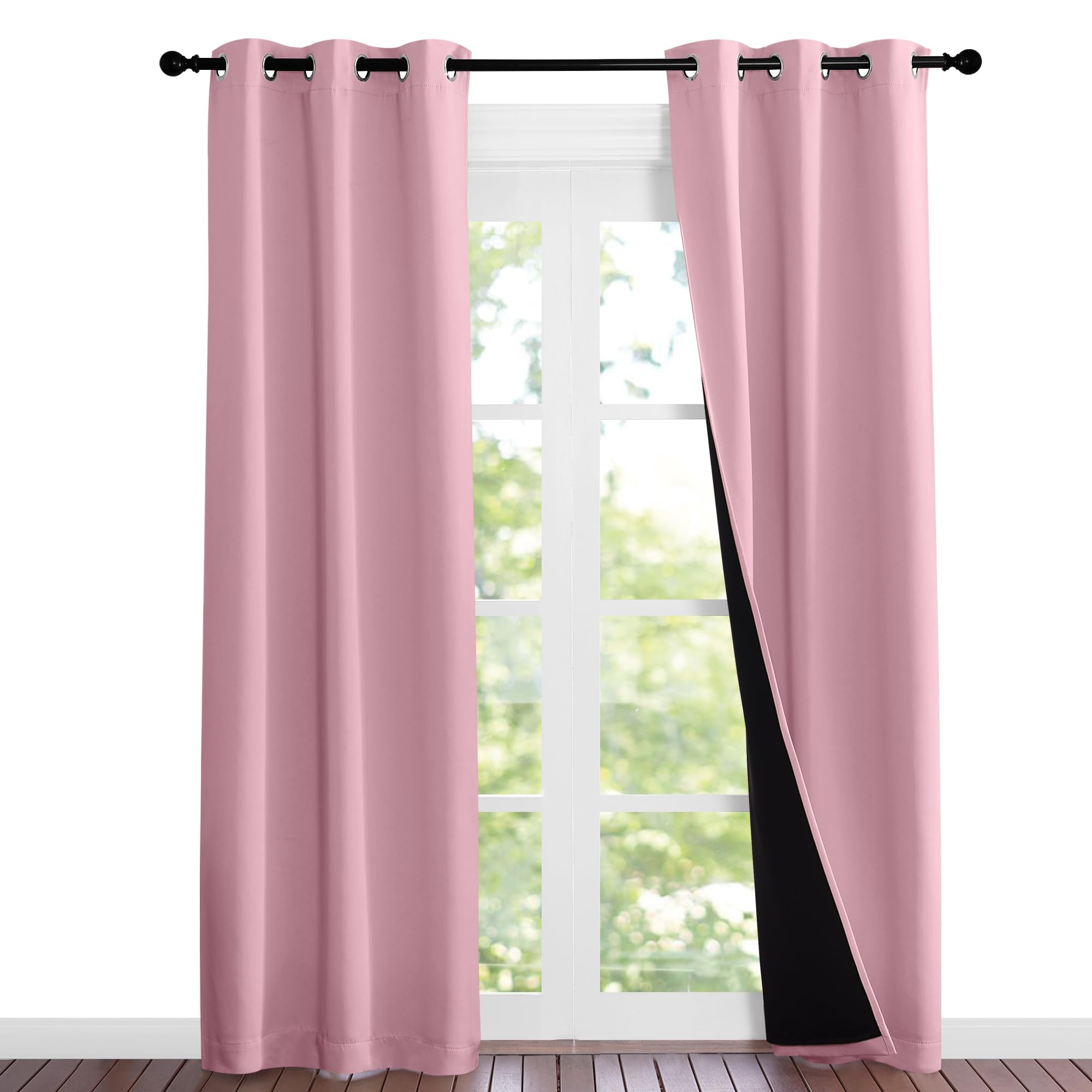 NICETOWN Crystal Pink Full Shade Curtain Panels, 37" Wide x 80" Long, Pair of Thermal Insulated &amp; Energy Efficiency Blackout Curtains for Living Room Windows, Lined Silky Performance Window Dressing