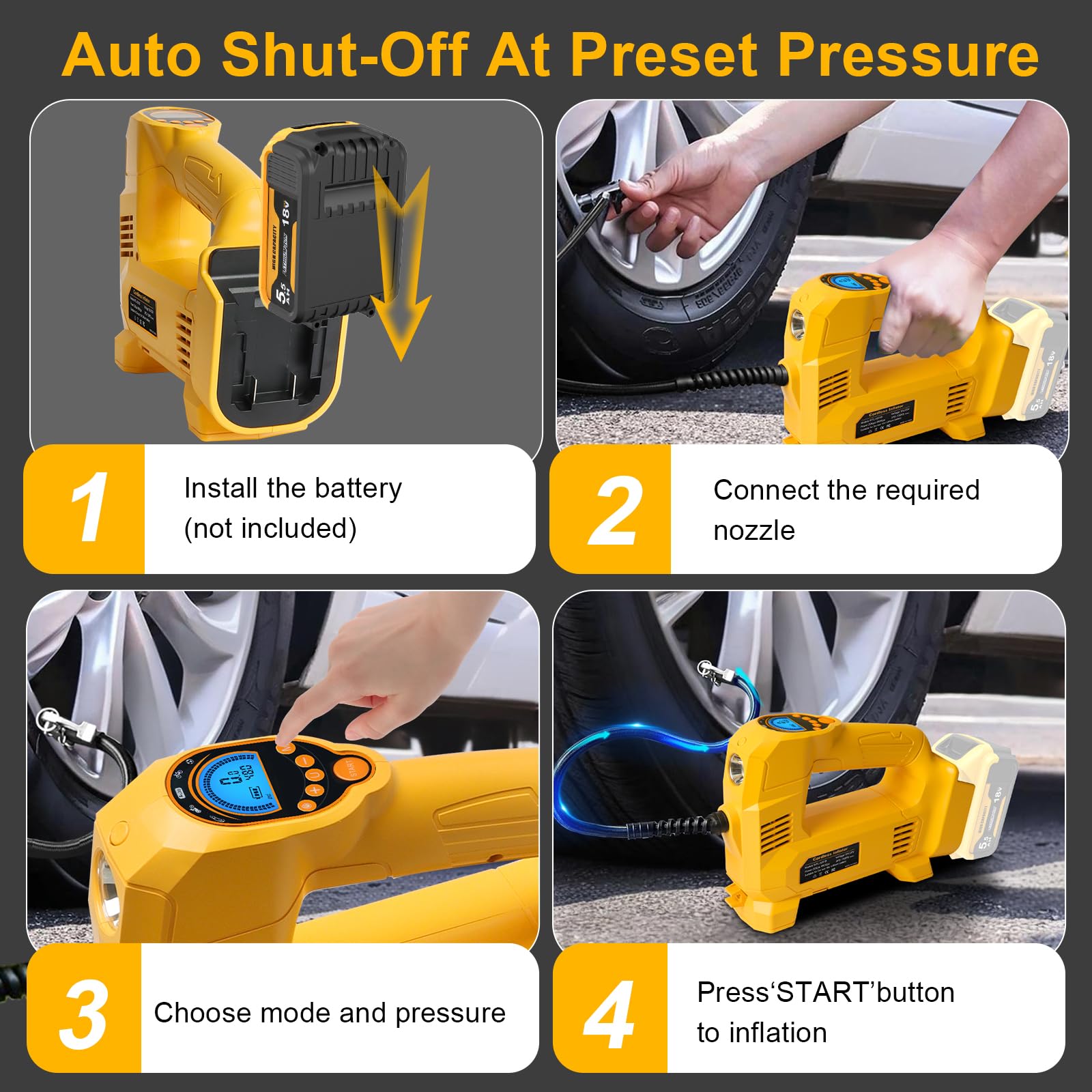 QUPERR Akku Kompressor kompatibel mit Dewalt 18V Akku, Elektrischer Luftkompressor bis 10,34 bar mit LED-Licht & Autostopp, Tragbare Luftpumpe für Auto, Motorrad, Fahrrad, Bälle (ohne Akku)