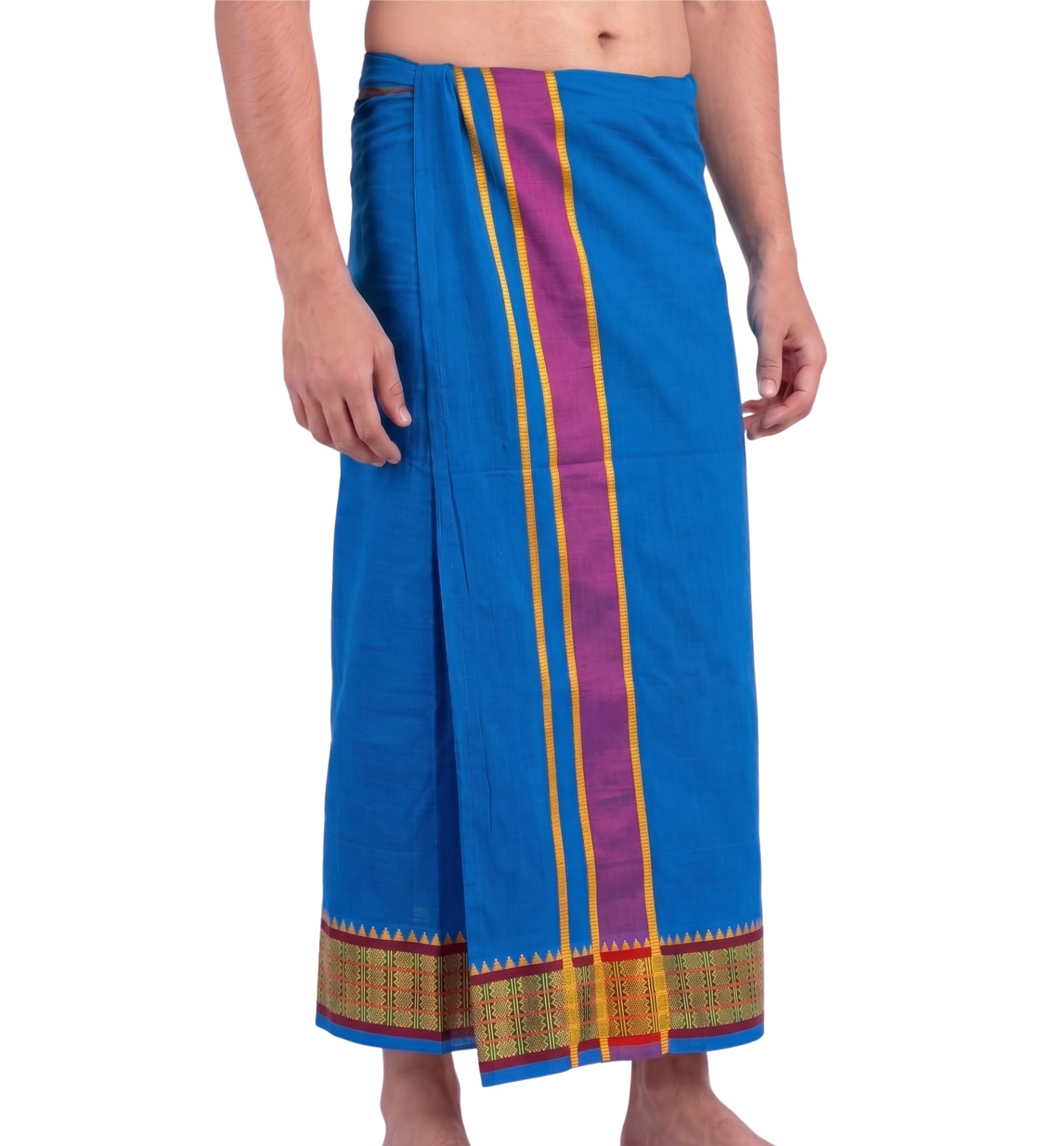 Sharan Elegance Men's Single Dhoti - 2 Mtrs/Mundus/Lungi Green Border Set of 1-image-16