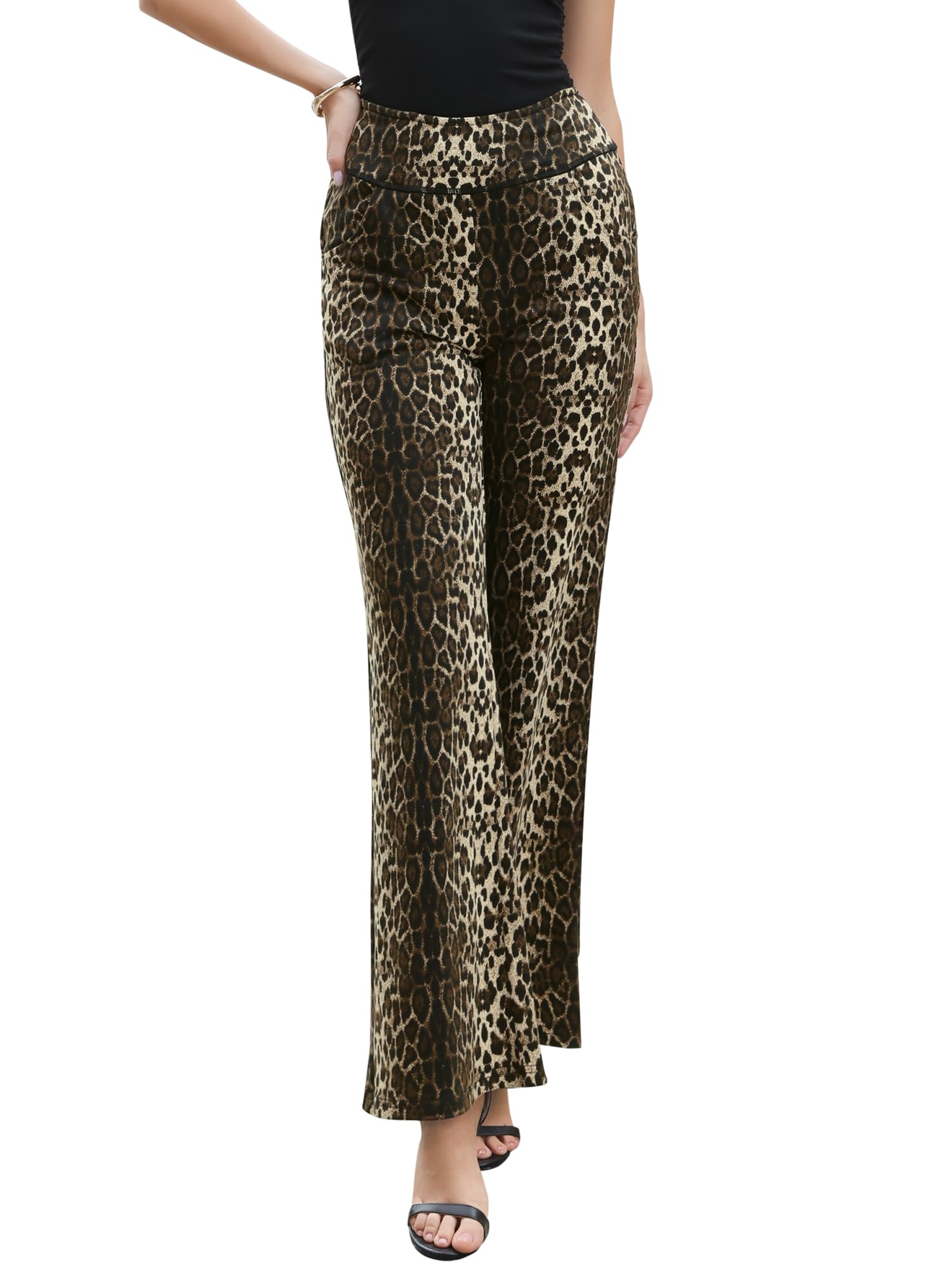 Allegra K Leopard Print Pants for Women Elastic High Waist Casual Loose Wide Leg Trousers Pant with Pockets