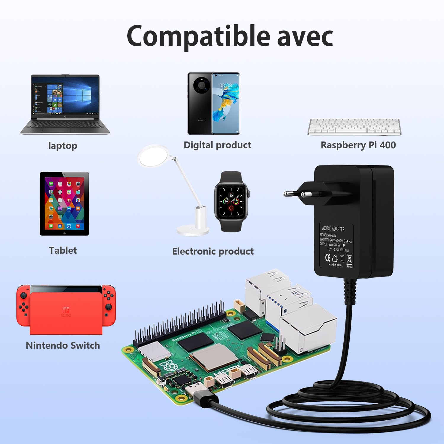 Chargeur USB-C 27W - Alimentation Pour Raspberry Pi 5 (4GB/8GB) - Compatible Téléphones, Ordinateurs Portables