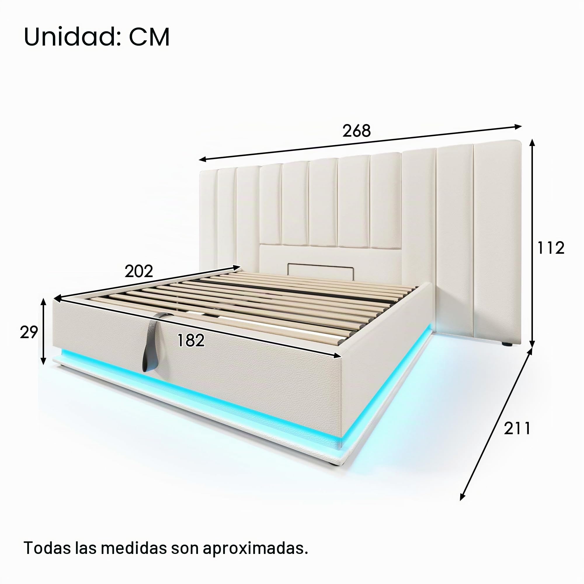 Lubvtti Cama de Matrimonio Con Control de Aplicación LED y Función de Carga USB-C, Almacenamiento de 180 x 200 cm, Estructura Con Cabecero de Gran Tamaño y Somier