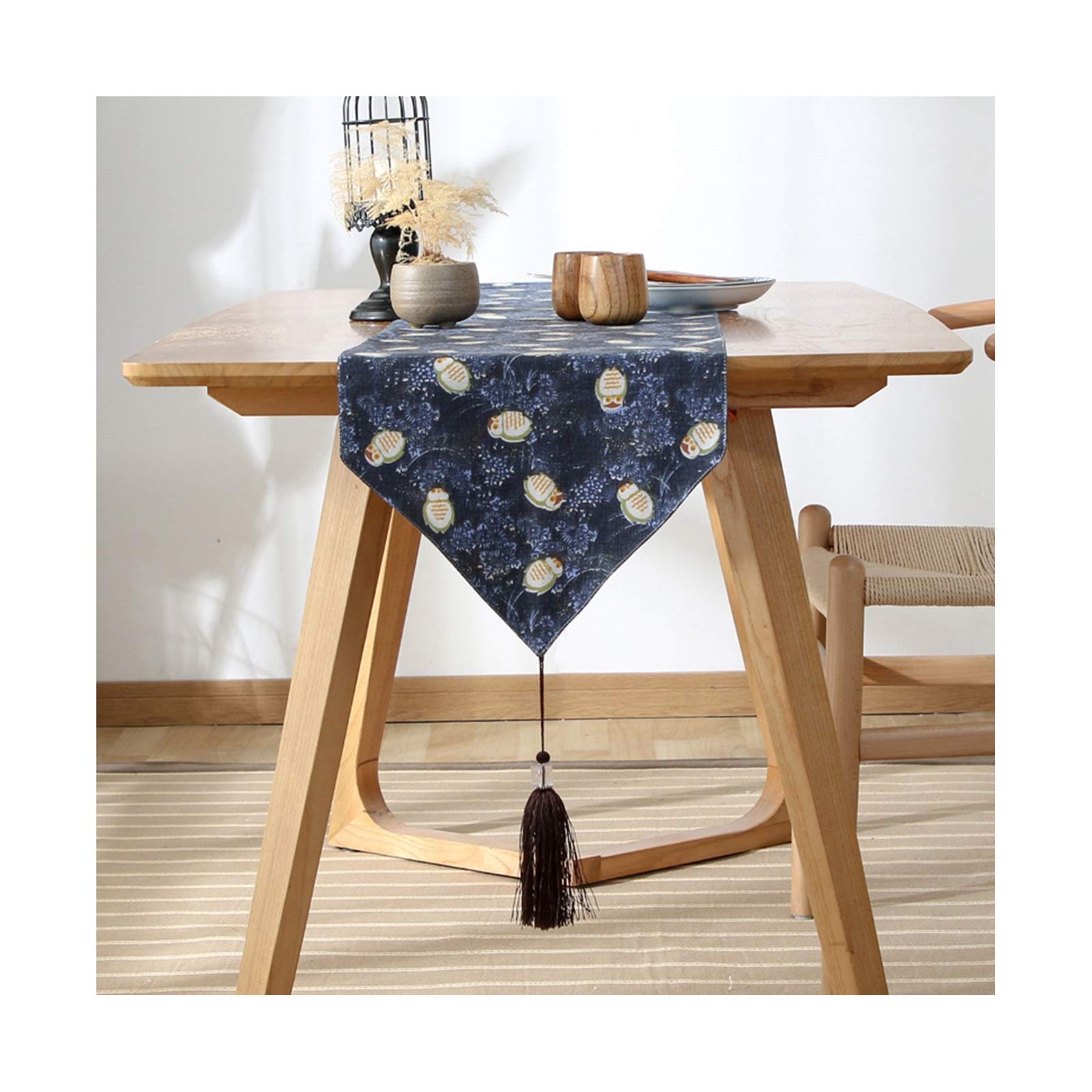 Eleganter Tischläufer Modern, Baumwolle Tischläufer Abwaschbar Wohnzimmer Tischläufer Weihnachten Vintage Blumen Eulen Marineblau 33x200CM