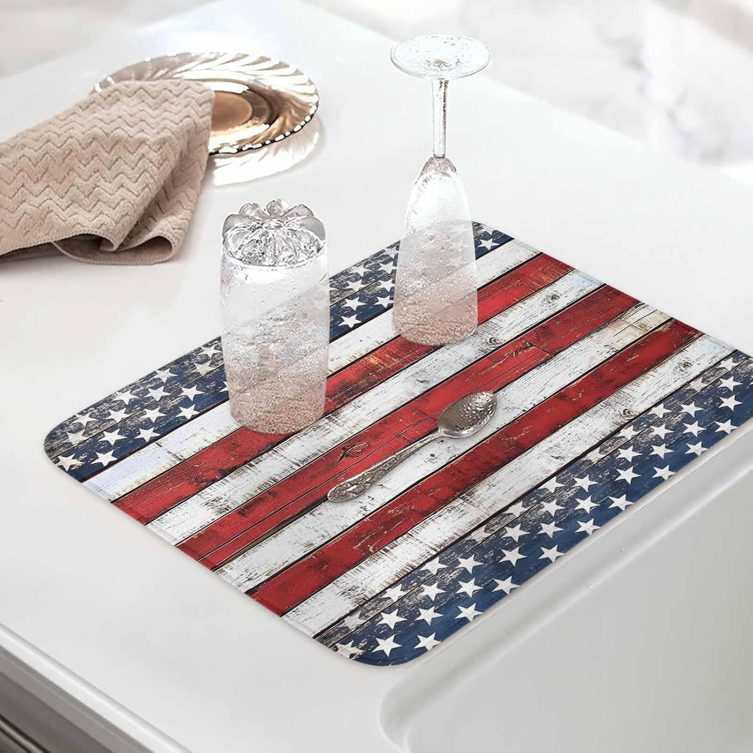 Dish Drying Mat Set of 2 4th of July American Flag Microfiber Absorbent Reusable Washable Dish Drying Rack Mat Independence Day Coffee Mat for Coffee Maker Bar Kitchen Countertops 18x24inch