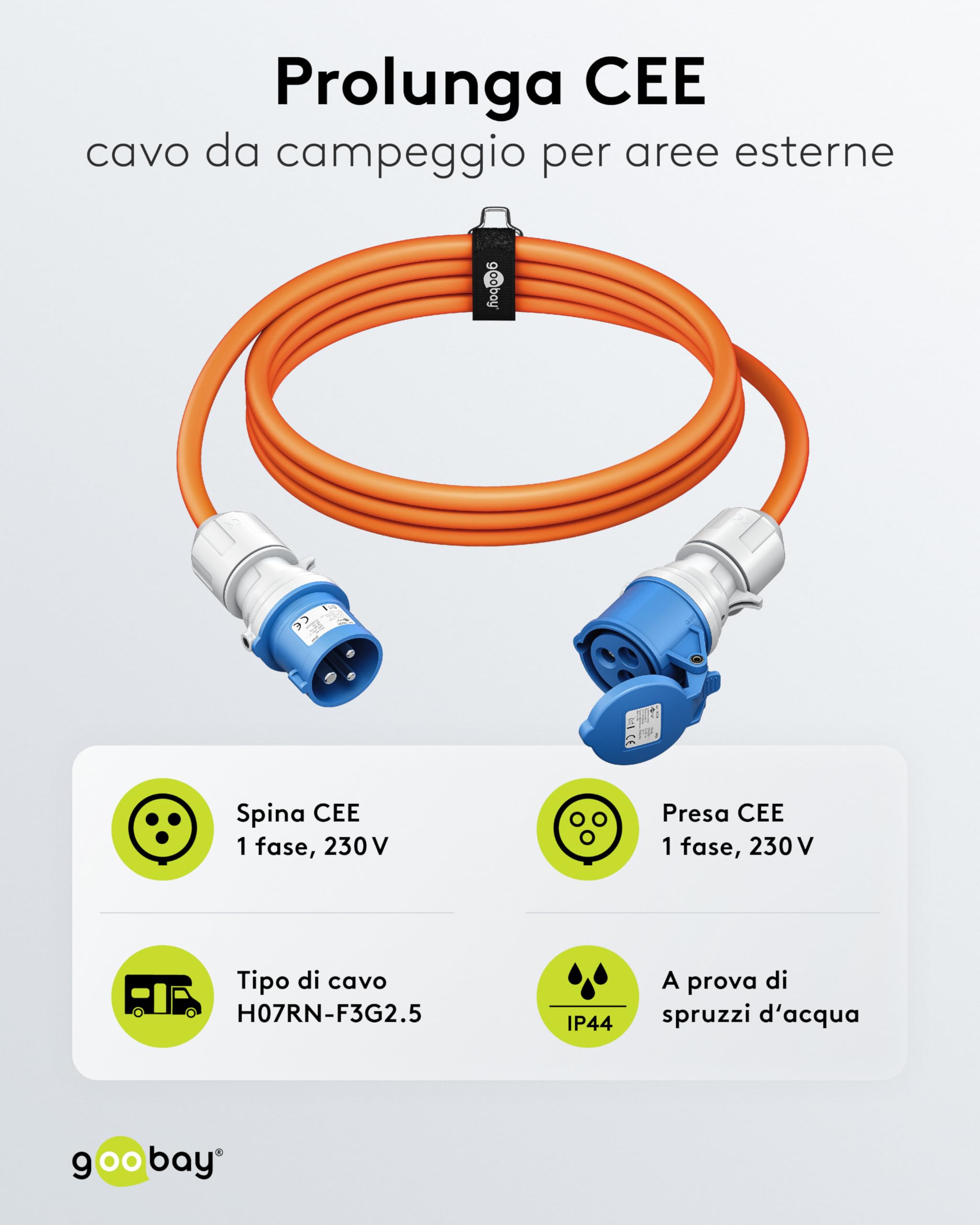 goobay Cavo prolunga CEE per caravan, 10 m, spina CEE a presa CEE, presa CEE con coperchio di chiusura, IP44, cavo da campeggio, camper e caravan, 76229