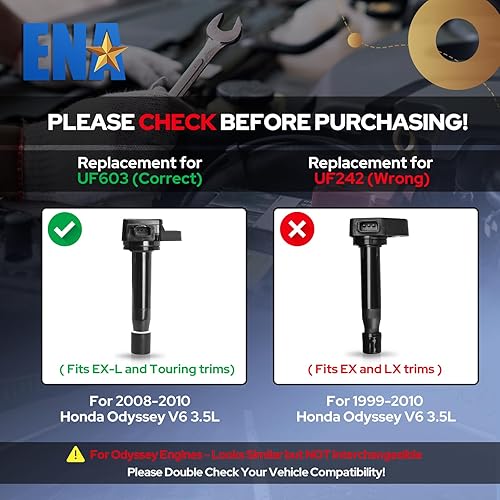 Miniatura 2 de ENA Paquete de bobinas de encendido UF603 y bujía platino 97390 2009-2017 compatible con Acura Honda Accord Crosstour Odyssey RL TL TSX V6 3.5L 3.7L