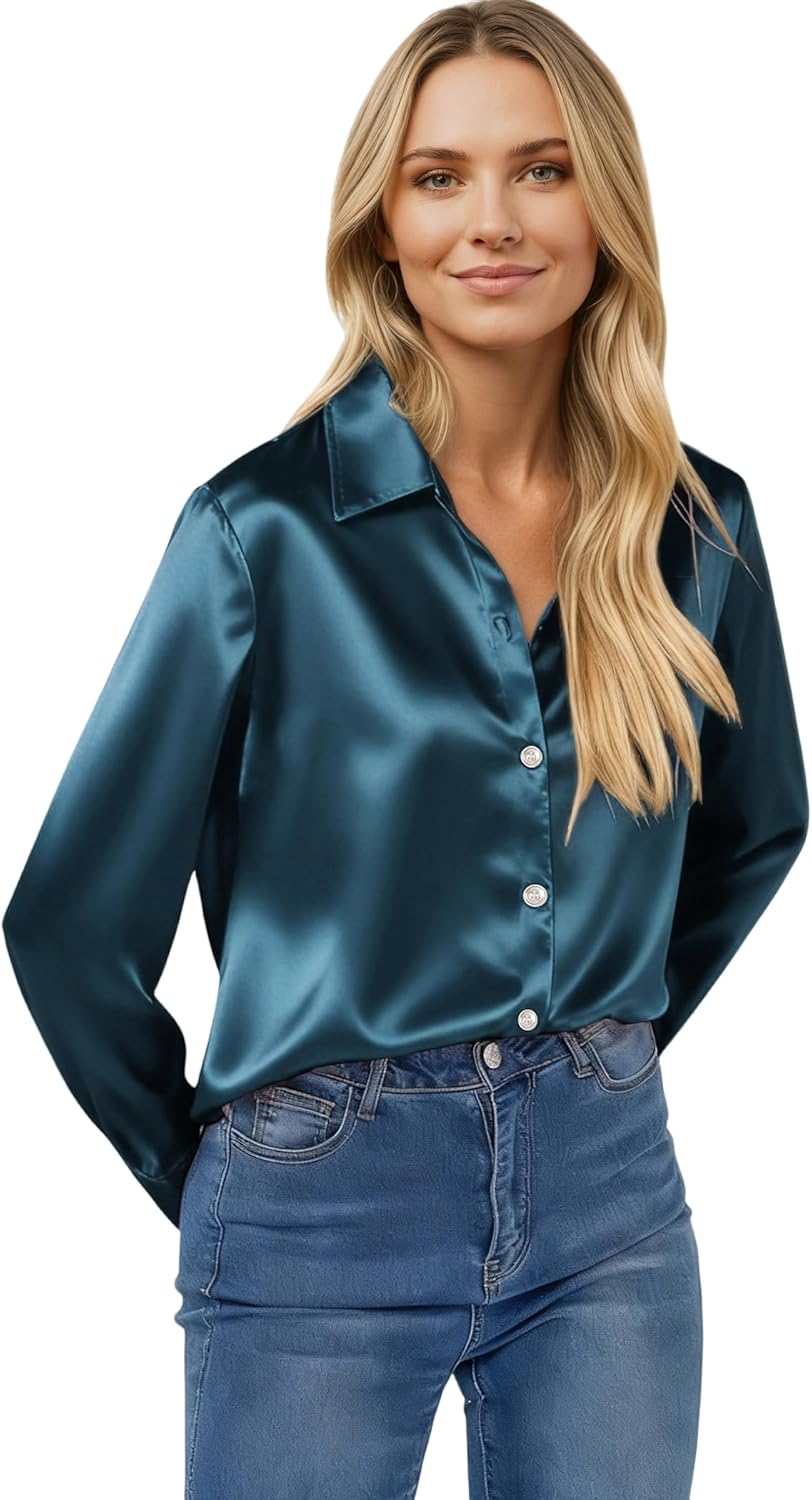 Satin Shirts for Women, Silk Blouses for Women Dressy Elegant Satin Button Down Shirts Holiday Tops Christmas Party Outfits - Image 3