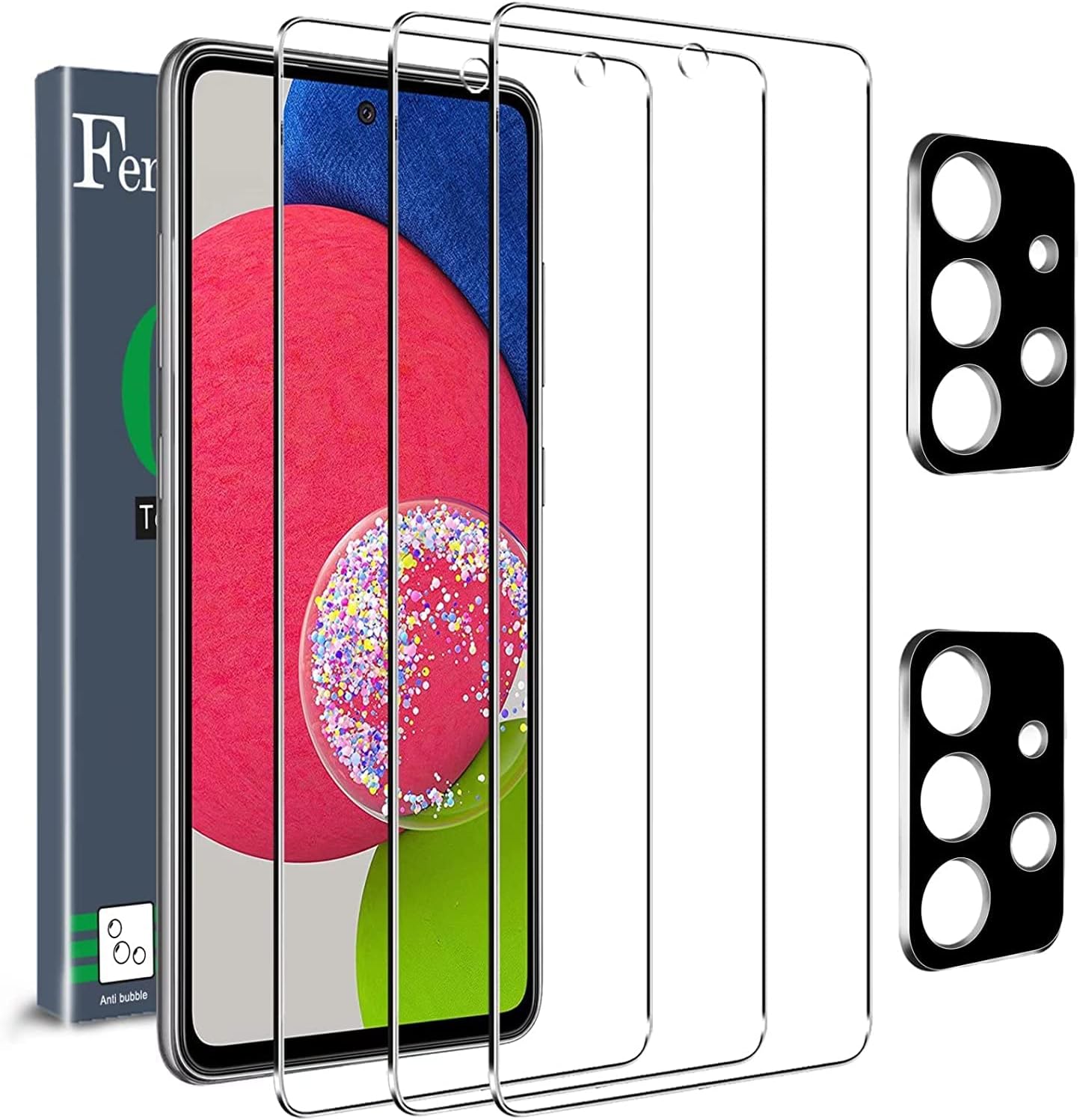 Ferilinso [5 Pack] 3 Pack Screen Protector + 2 Pack Camera Lens Protector for Samsung Galaxy A52 4G&5G/ A52s 5G [HD] [Tempered-Glass] [Case Friendly] [Anti-Fingerprint] [Easy Installation]
