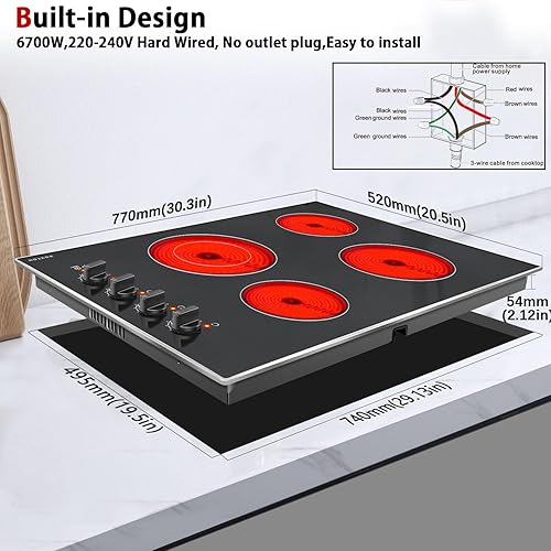 Miniatura 7 de Noxton Estufa eléctrica de 30 pulgadas, 4 quemadores, estufa eléctrica radiante de cerámica integrada de 30 pulgadas con marco de metal de