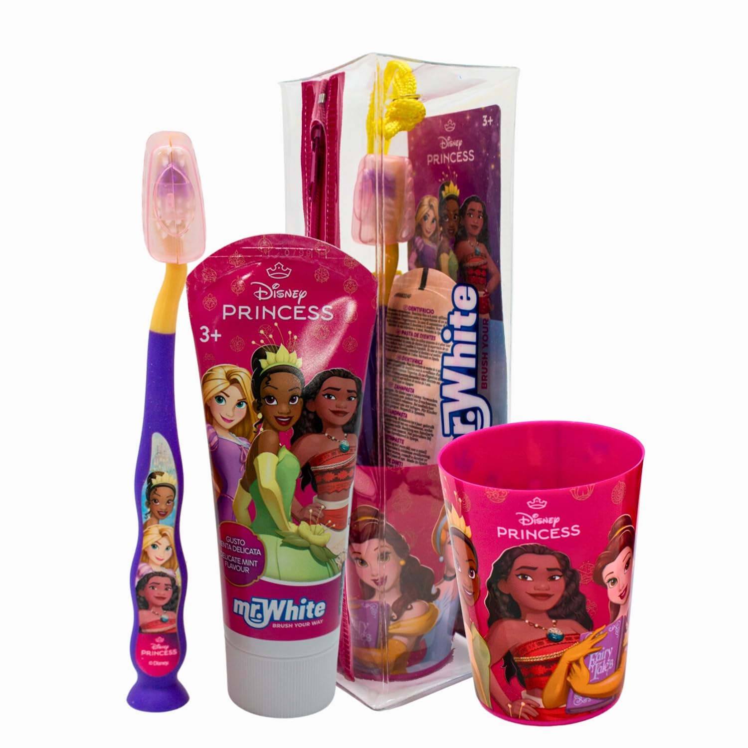 Disney Princess Kids Toothbrush Set | BPA-Free & Non-Toxic | Soft Bristles Toothbrush with Protection Cap, Suction Cup, Mint Flavour Toothpaste, Multi-Purpose Cup, Toiletry Bag for Children Aged 3-12