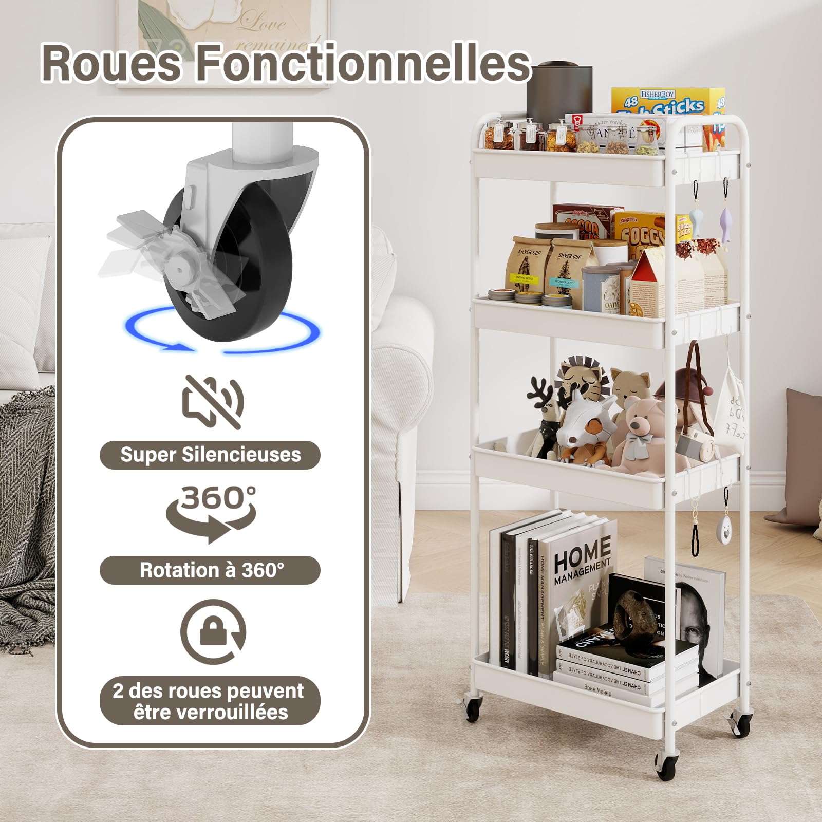 PUNCIA Chariot de Rangement en Métal Desserte à roulettes à 4 Niveaux | Chariot Cuisine avec 6 Crochets Trolley de Service Facile à Installer et à Nettoyer pour Salon Salle de Bain Bureau (Blanc)