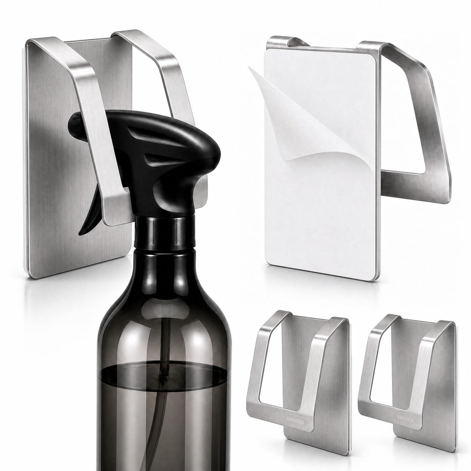KIHOGEM Spray Bottle Hanger, Adhesive Spray Bottle Hook Stainless Steel Spray Bottle Holder Wall Mount Non Drilling for Cabinet, Kitchen or Under Sink (4pcs)