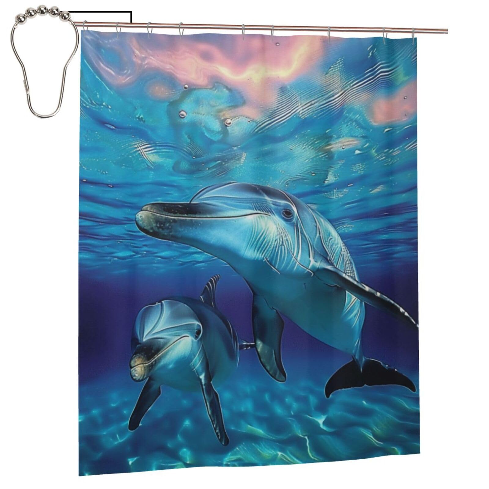 BWWHCCTI Dolphin Printed Shower Curtain With 12 Iron Hooks Opaque Quick Drying Waterproof Shower Curtains Sets For Bathroom 152x183 Cm