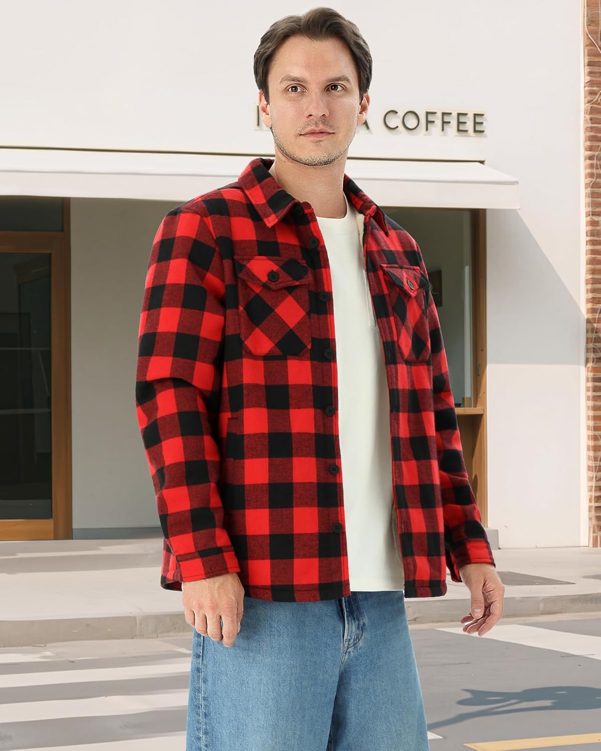 WULFUL Men's Flannel Fleece Jackets Sherpa Lined Shirt Jacket Plaid Jackets Shacket Winter Outerwear Warm - Image 3