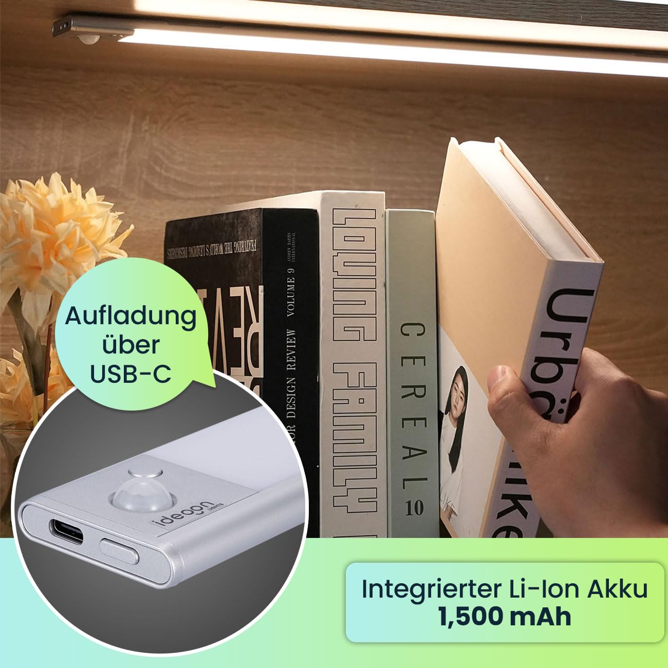 ideoon 4er-Set Flache Akku LED-Lichtleiste, 40cm mit Bewegungssensor, 120 LEDs: Kabellos, hell & energiesparend – Perfekt für Schrank, Flur & Küche