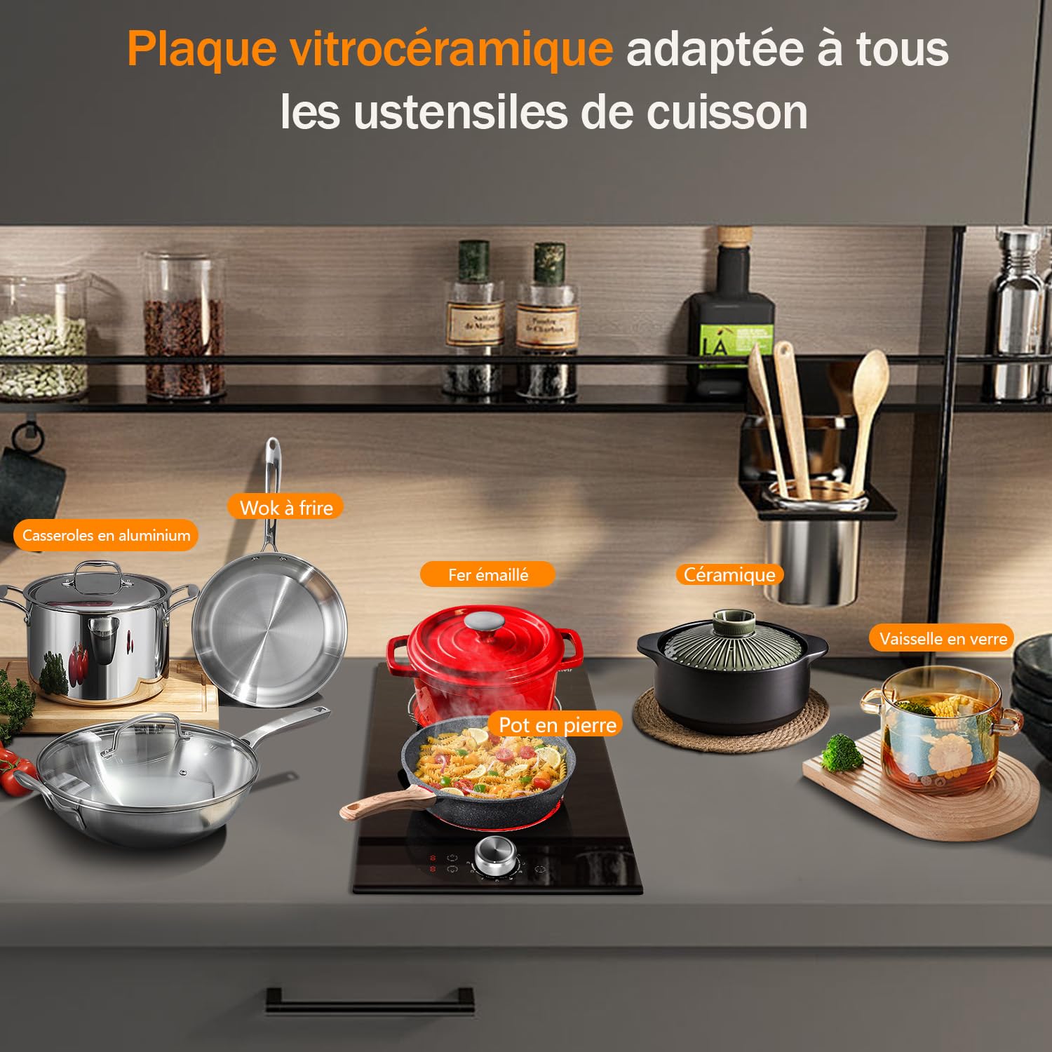 Plaque Vitrocéramique 2 Feux avec Boutons, Table de Cuisson Deux Foyers avec Prise, Zone d'expansion, 9 Niveaux de Puissance, 2800W, 30cm
