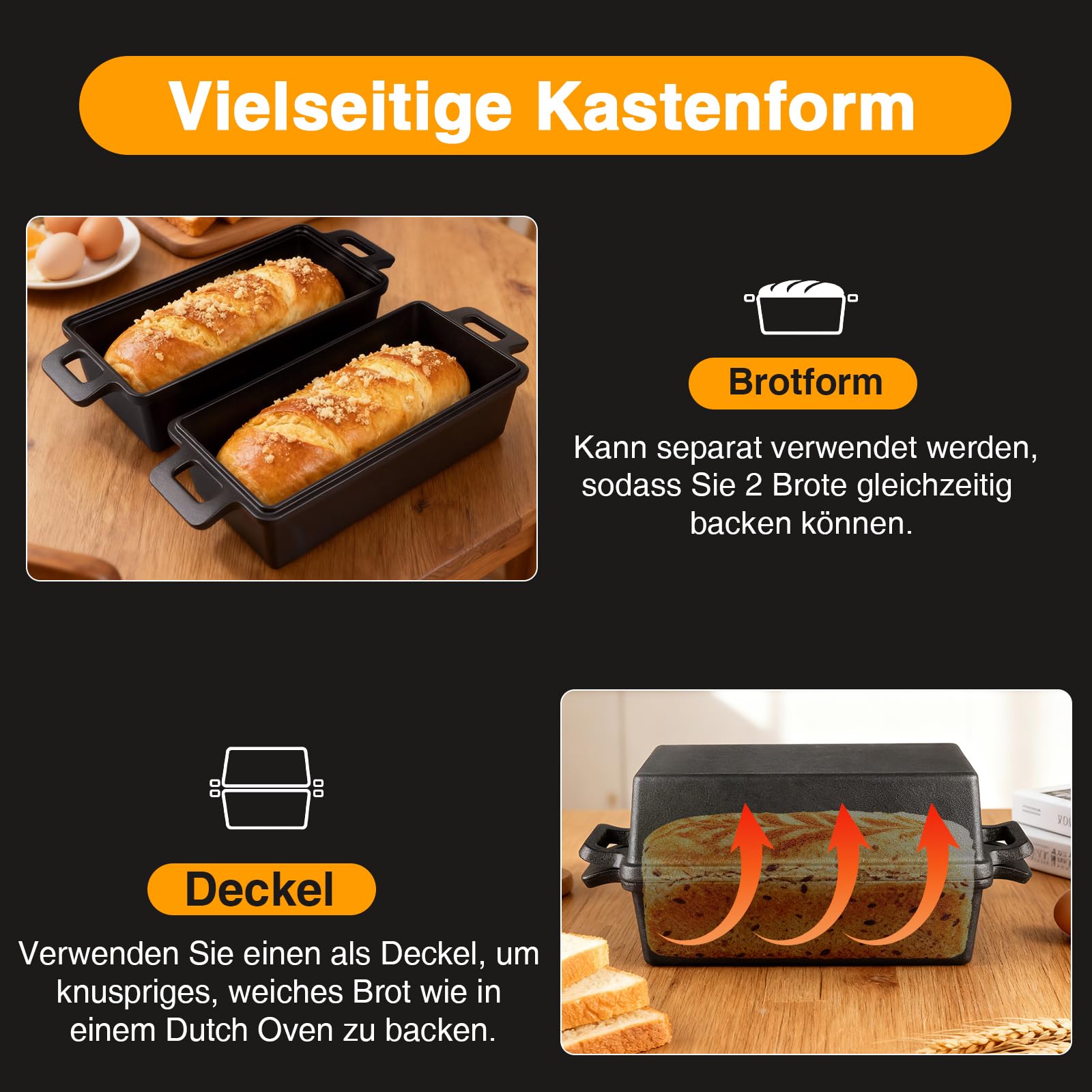 Brotbackform mit Deckel, Gusseisen Topf Brot Backen, 2-in-1 Brotbacktopf für selbstgebackenes Sandwichbrot, Bananenbrot, Kuchen, Hackbraten, Schwarz