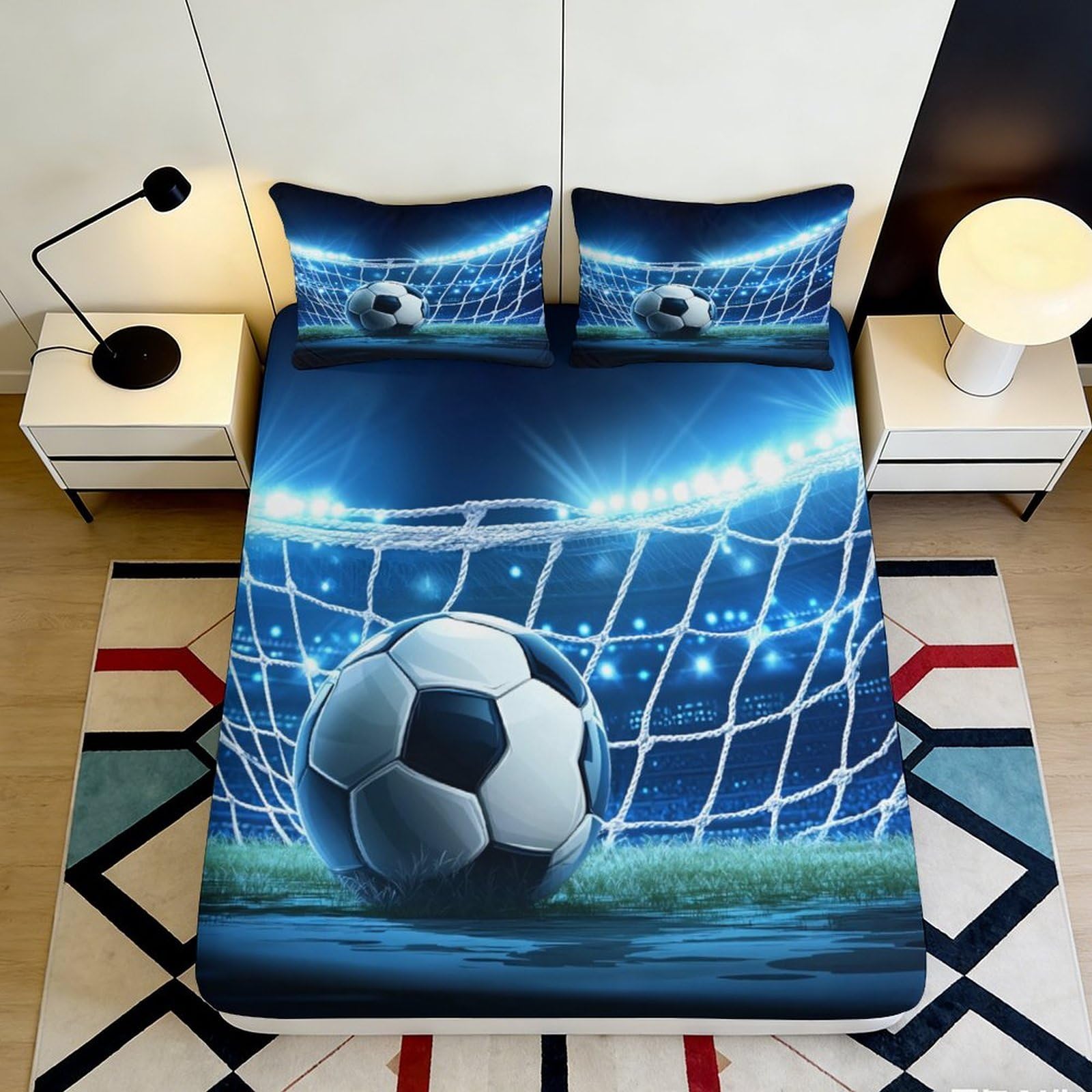 3D Printed Soccer Stadium Fitted Sheet Microfiber Anti-Slip Bed Cover Goal Net Bed Sheet for Bedroom Guest Room 160x200x25cm