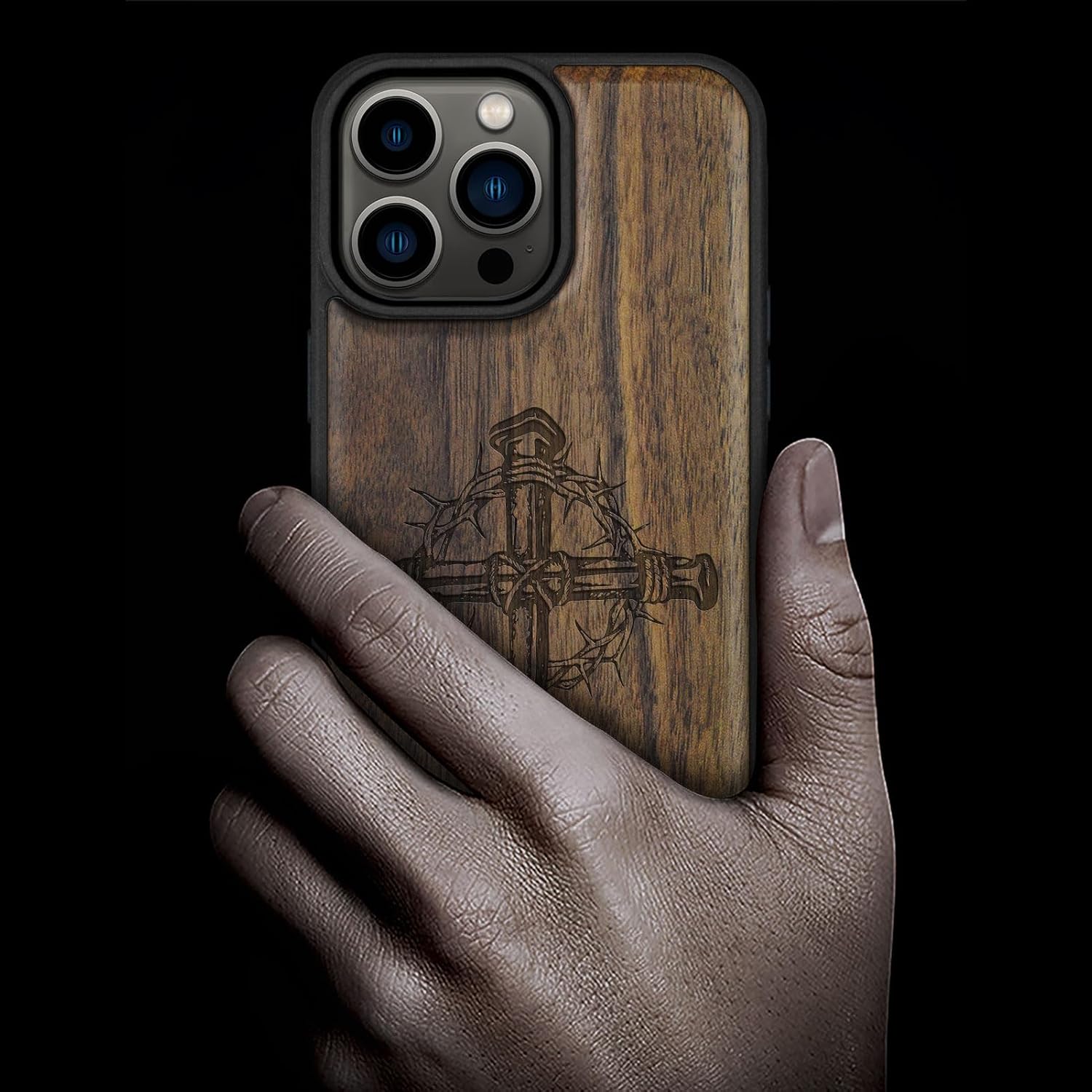 Carveit Magnetic Wood Case for iPhone 14 Pro Max [Natural Wood & Black Soft TPU] Shockproof Protective Cover Unique Wooden Case Compatible with magsafe (Crucifix Nails -Walnut)