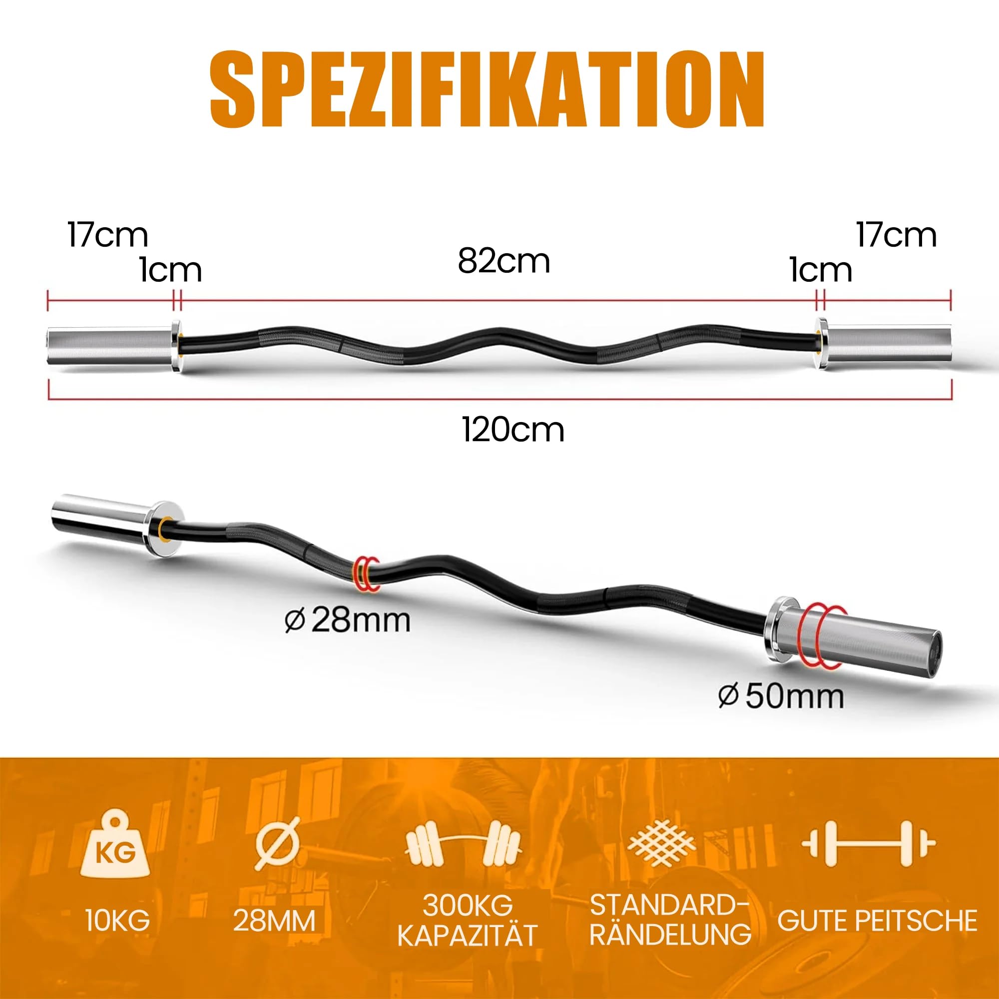 RitKeep 1,2 m Olympic EZ Curl Bar 300 kg Belastbarkeit für Armtraining