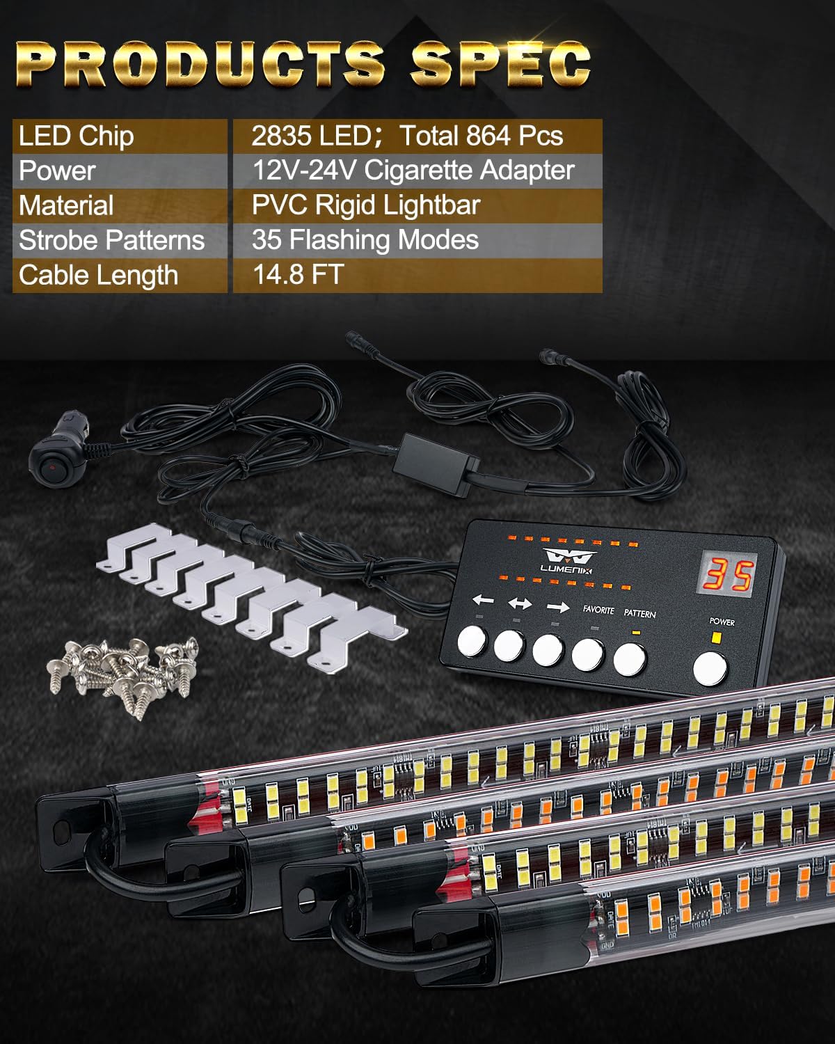 LUMENIX 70 Inch Emergency Running Board Rigid Strobe Lights Strip Bar 864 LED Flashing Warning Safety Light with Controller for Construction Vehicles Work Commercial Trucks Pickups Cars - Amber White