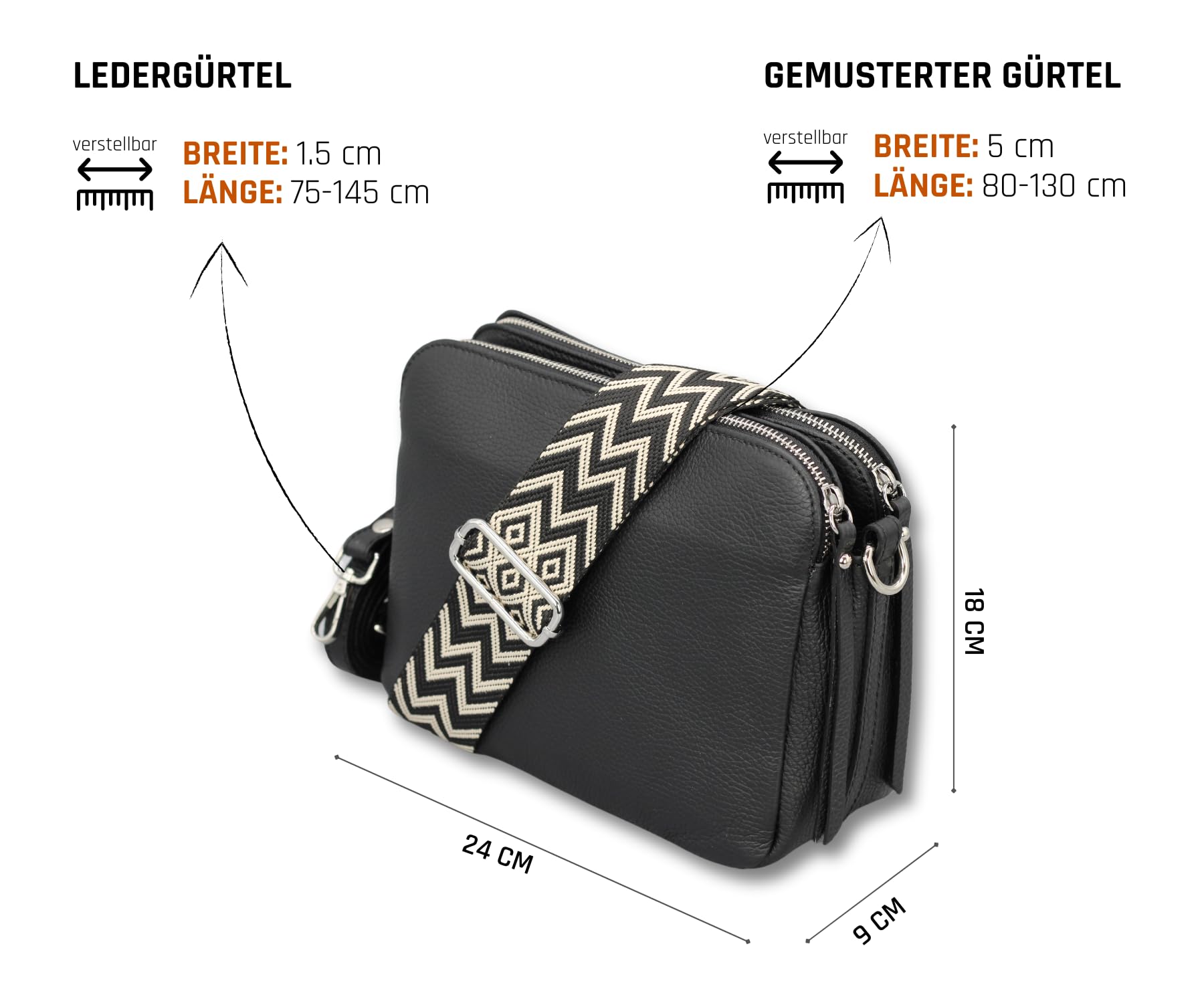 Adel Bags MARA Damen Umhängetasche Echtleder Handgefertigt Crossbody Bag | Damen Schultertasche mit Ledergurt & gemustertem Riemen, Echtes Leder, 5 Fächer, Wasserabweisend, Made in Italy