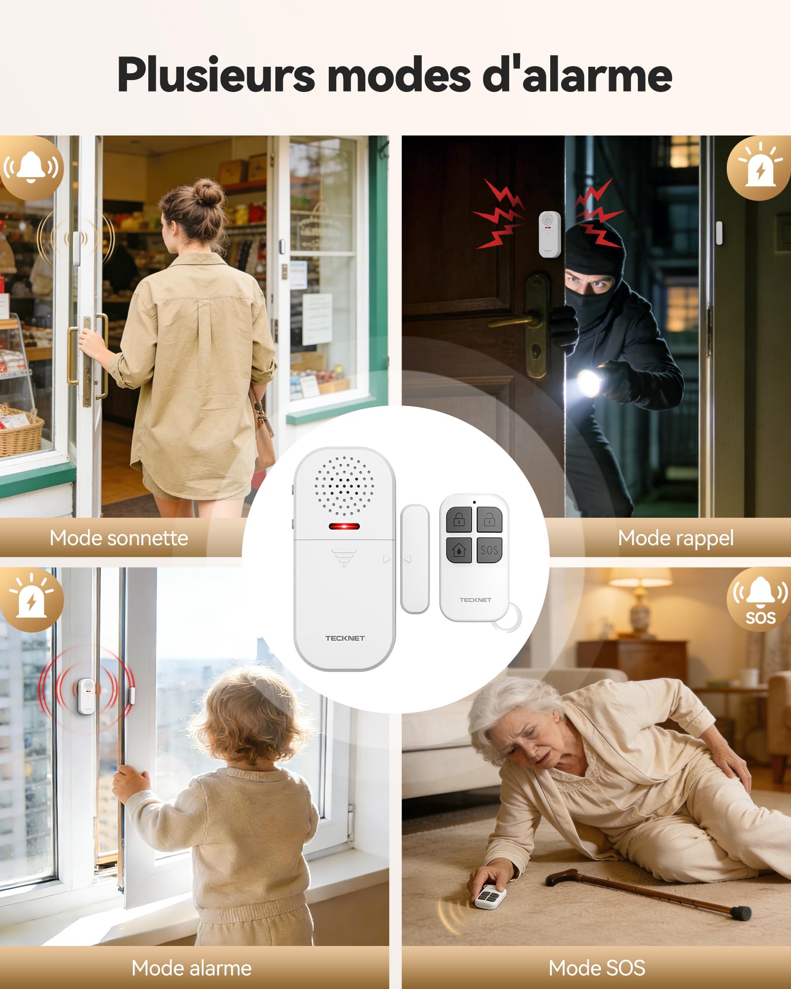 TECKNET Alarme Maison sans Fil, Alarme Porte avec Télécommande, Détecteur Ouverture Porte 4 Modes 5 Niveaux Volume, 2 en 1 Alarme et Sonnette pour Maison, Boutique, Hôtel (2PCS)