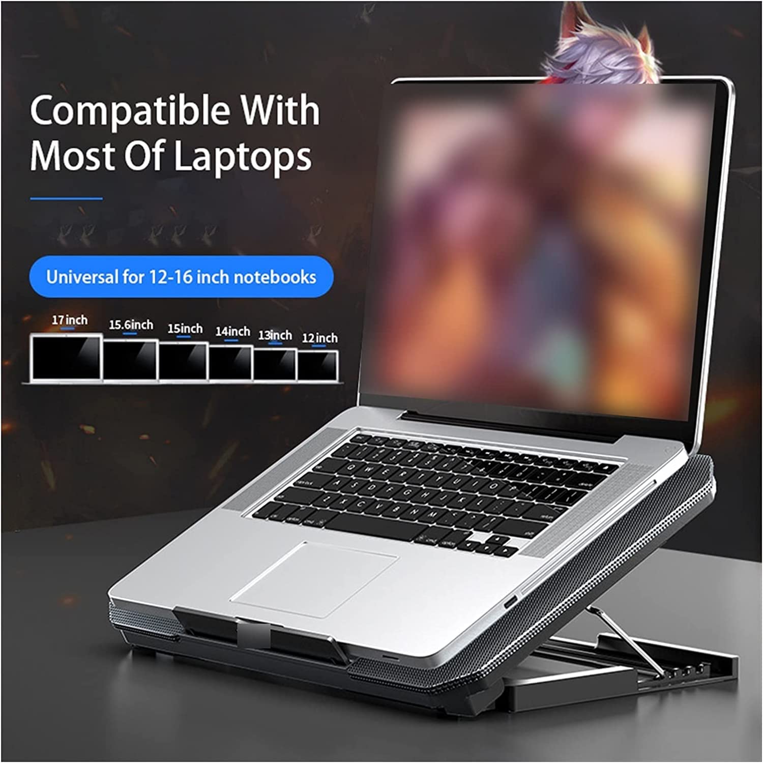 Podstawka Chłodząca Stabilny Podkładki Chłodzące Do Laptopa Notebooków 12-16 Cali Cicha Chłodzenie Gier Regulowana Prędkość Wiatru Cichy Biurko(Black)