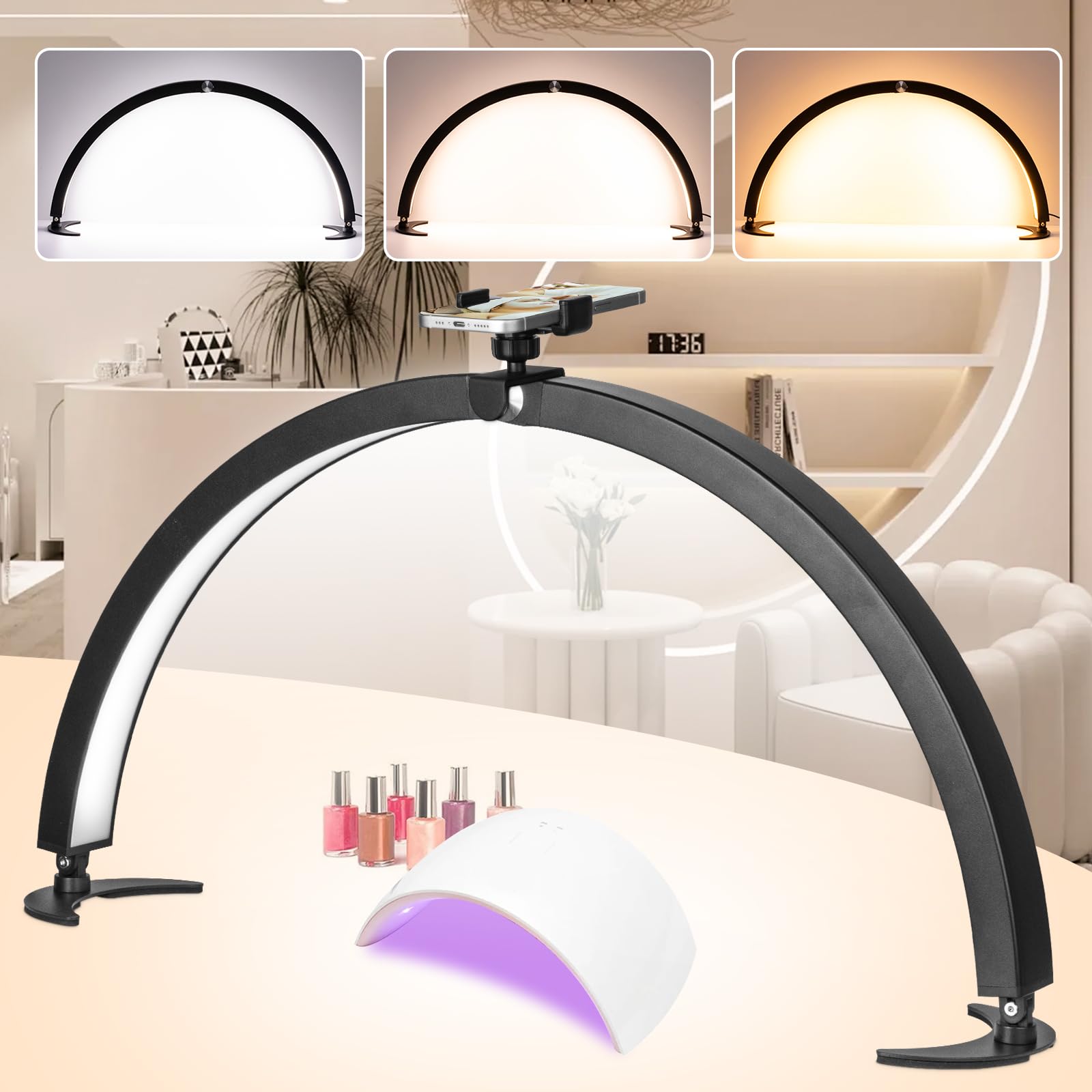 HITTI 29in Large Half Moon Light for Nail Desk with Phone Holder, Foldable Nail Tech Light, Lash Table Lamp with Wire Controller & Remote, 7 Color Modes 10 Brightness for Extension Tattoo Craft Beauty