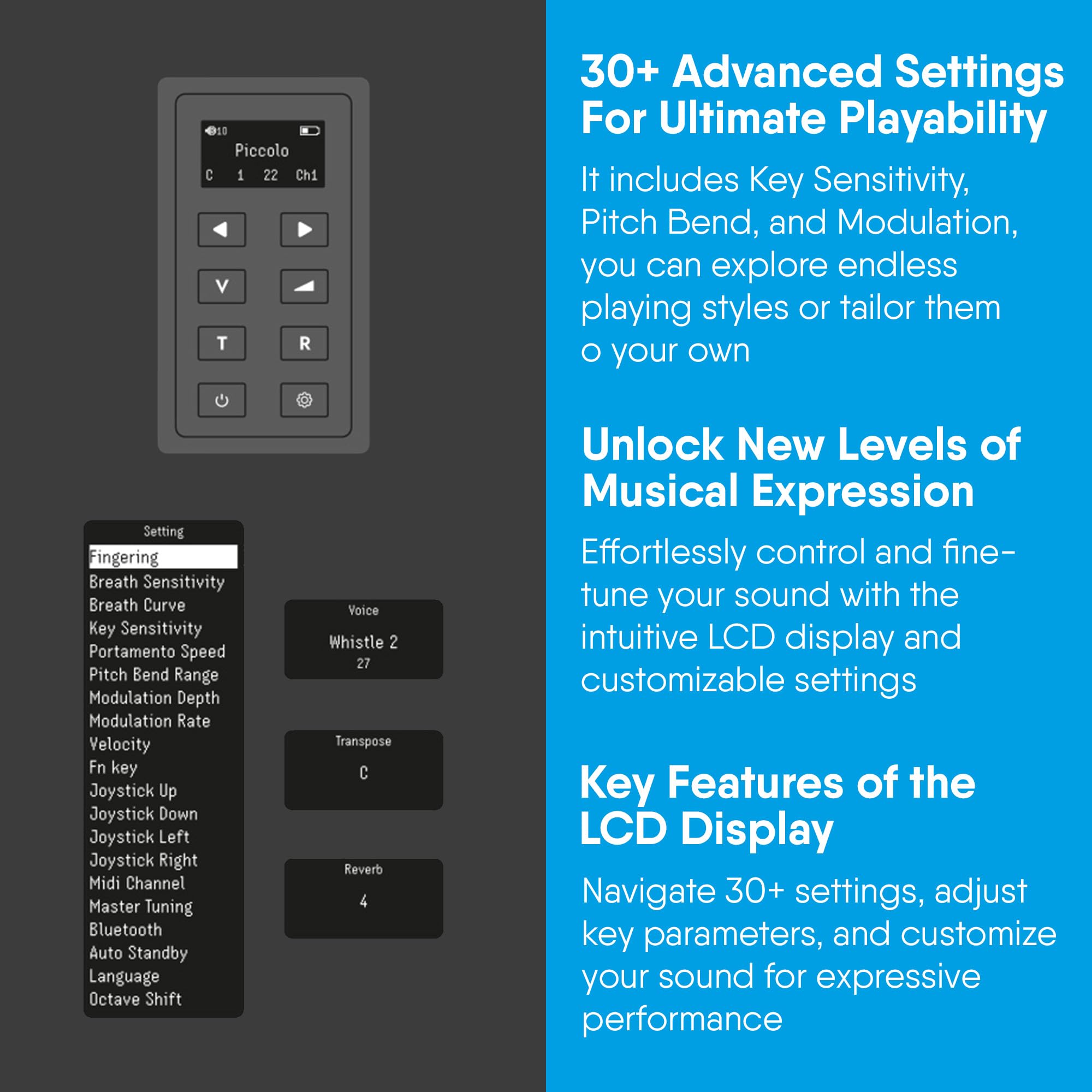 Carry-on Digital Wind Instrument Pro - 65 voci, batteria ricaricabile USB integrata, uscita cuffie per esercitazioni silenziose, registratore digitale Midi Over Bluetooth