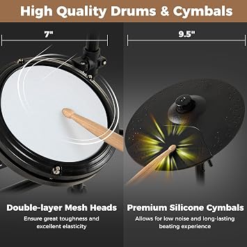Costzon Electric Drum Set, Electronic Drum Kit for Beginner with 4 Quiet Mesh Pads, 150 Sounds, 9.5 Cymbals, Metronome, USB MIDI, Headphone, 2 Pedals, Drumsticks & Adjustable Throne