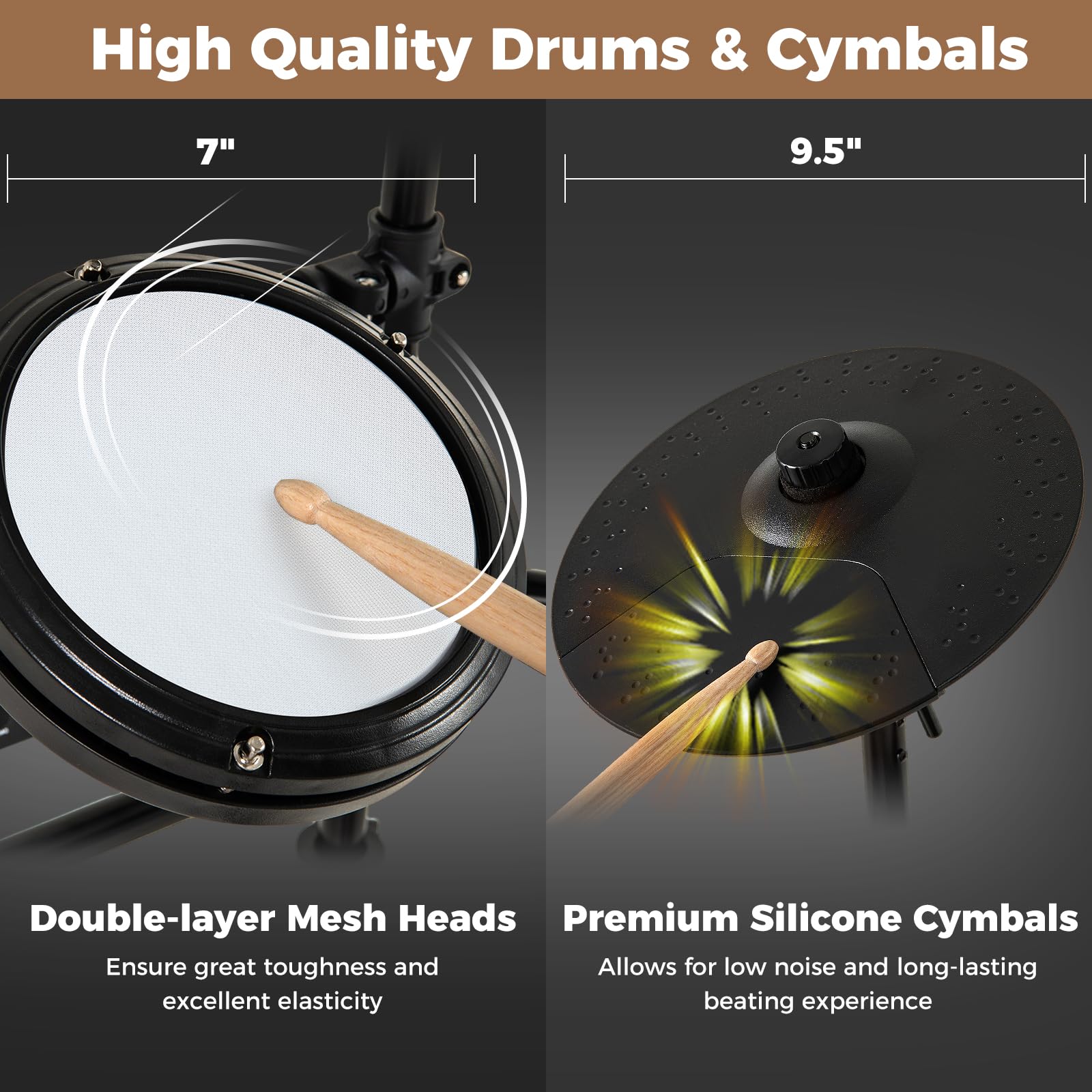 FANTASK Batería electrónica, Juegos de batería E-Drum Plegables con Pads de Malla, 150 Sonidos y 10 Demos, metrónomo y USB Midi, 2 Pedales y 2 Baquetas, Juego de batería electrónico de 7 Piezas para