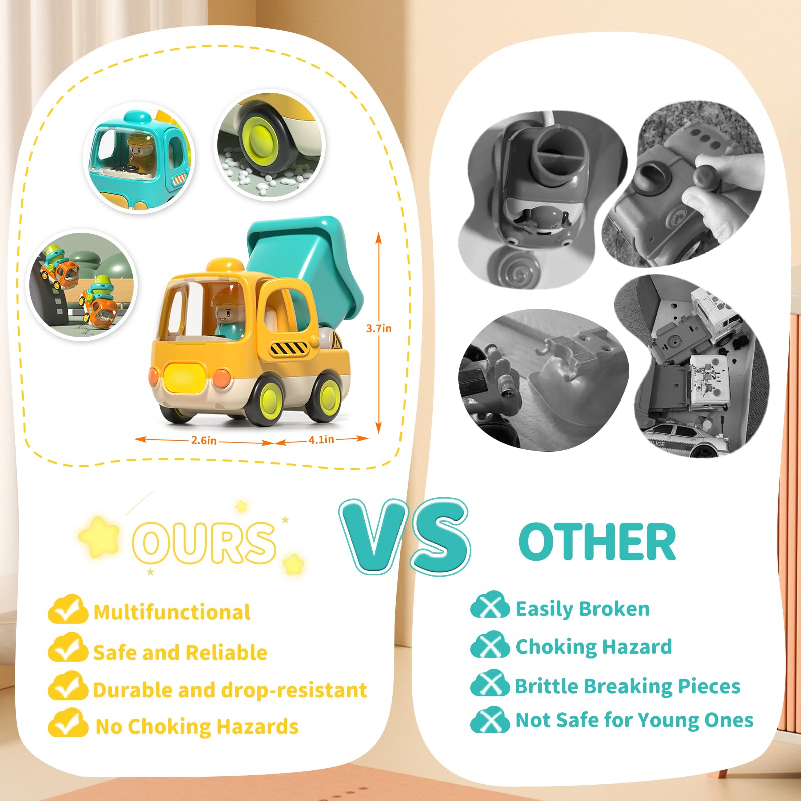 PANITU Baby Toys Push Cars for 1 2 3 Year Old Friction Powered Construction 3 Pack Friction Vehicle Set Excavator Dumper Cement Mixer Truck Lights and Musial Toys Birthday Gifts for Toddlers 1-3