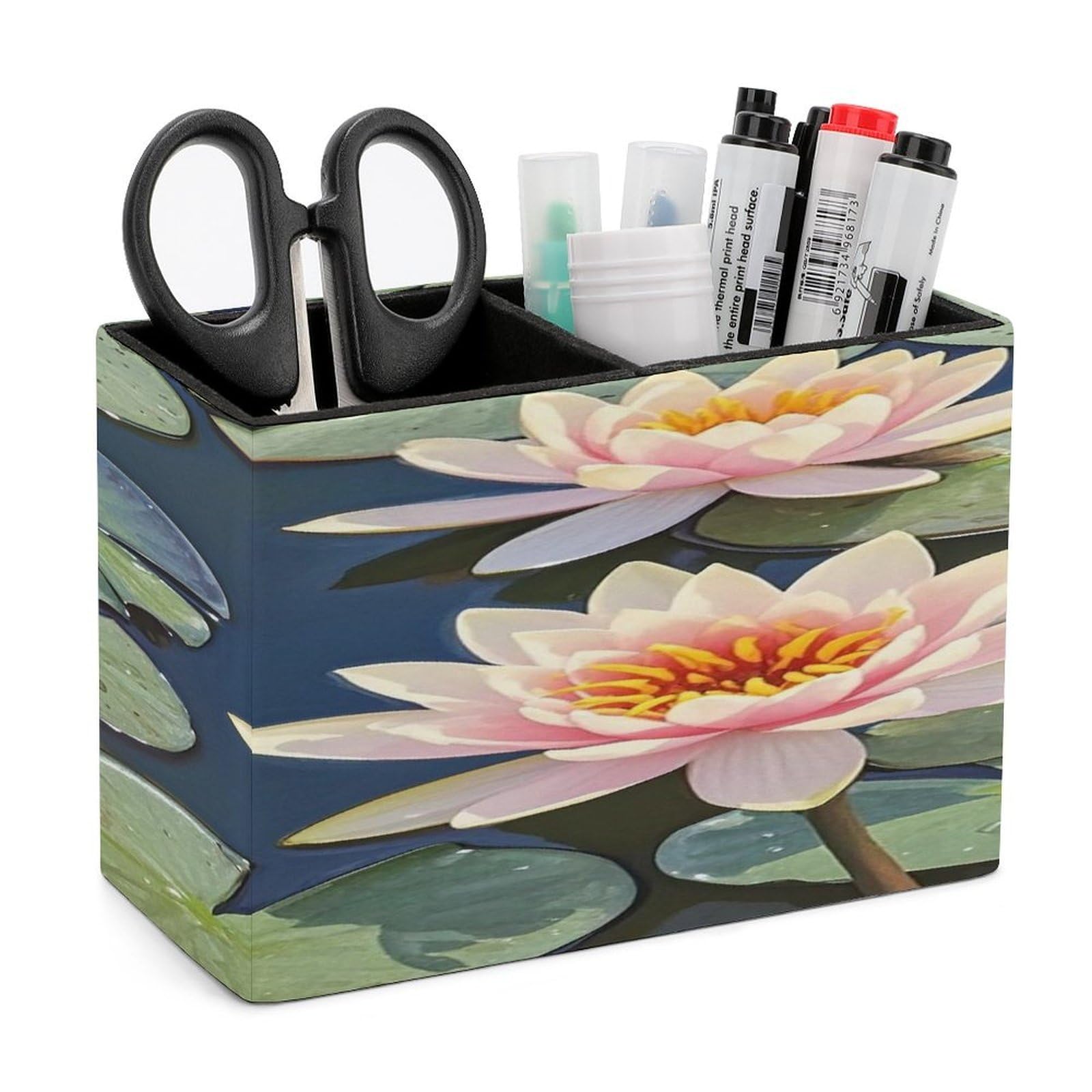LZQPOEAS Peach Water Lily Painting Leather Pen Holder with 2 Compartments Luxury Pencil Holder Minimalist Pencil Cup Brush Scissor Holders Elegant Pen Cup for Office Home Desk Accessories