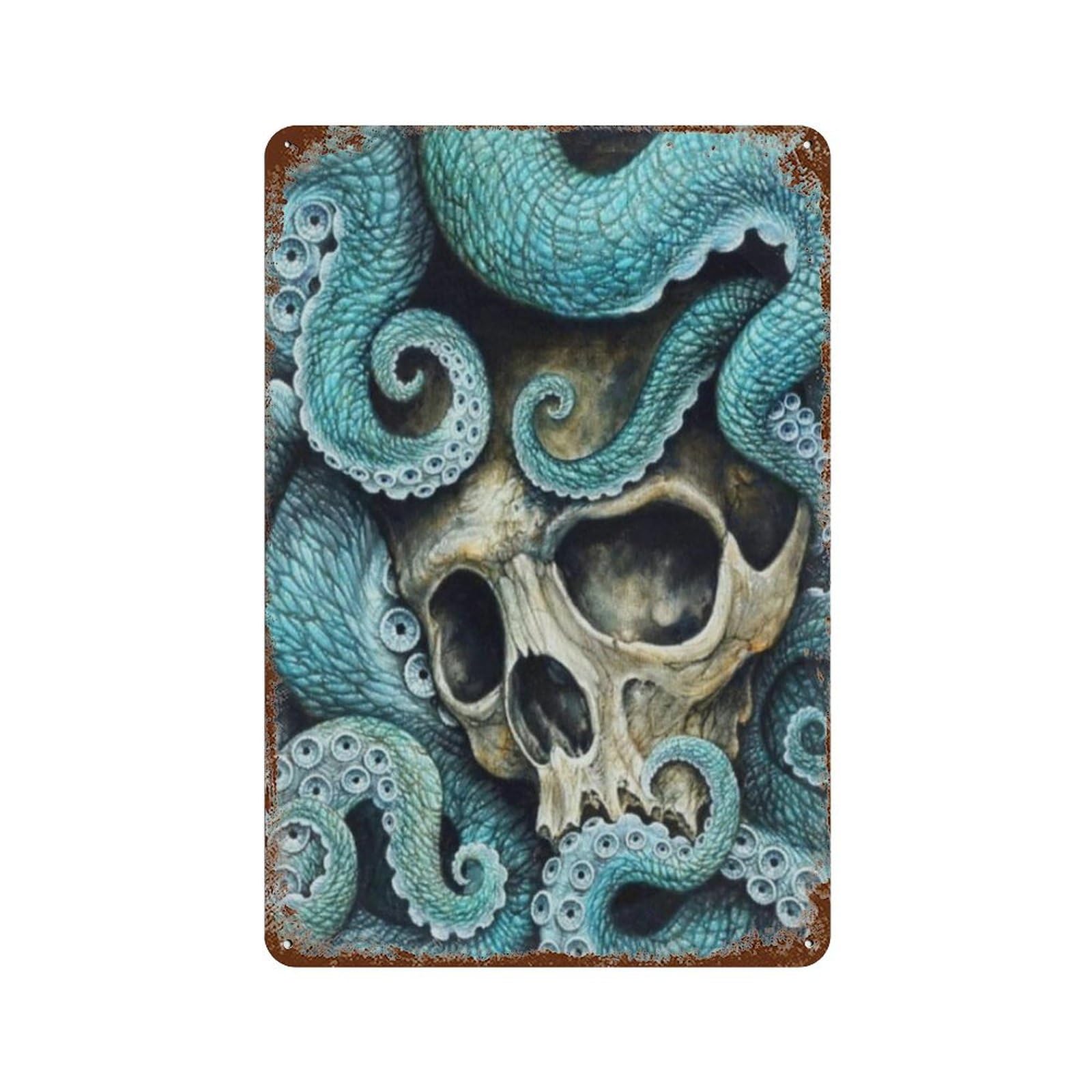 Skull Octopus Art Welcome Metal Tin Sign Poster Painting With Rust Vintage Home Wall Decor(15x30cm）6x12 inch-163