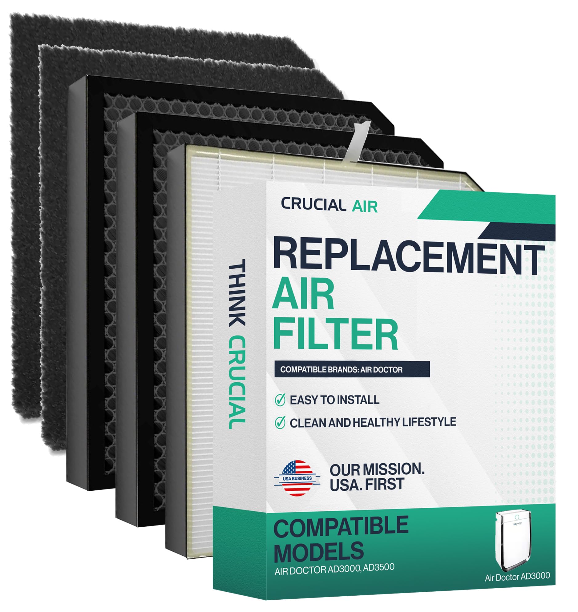 Air Purifier Filter Replacement – Compatible with Air Doctor AD3000 / AD3500 – Includes 1 Efficient Air Filter and 2 Carbon Filters + 2 Pre Filters - This is Third Party-Product