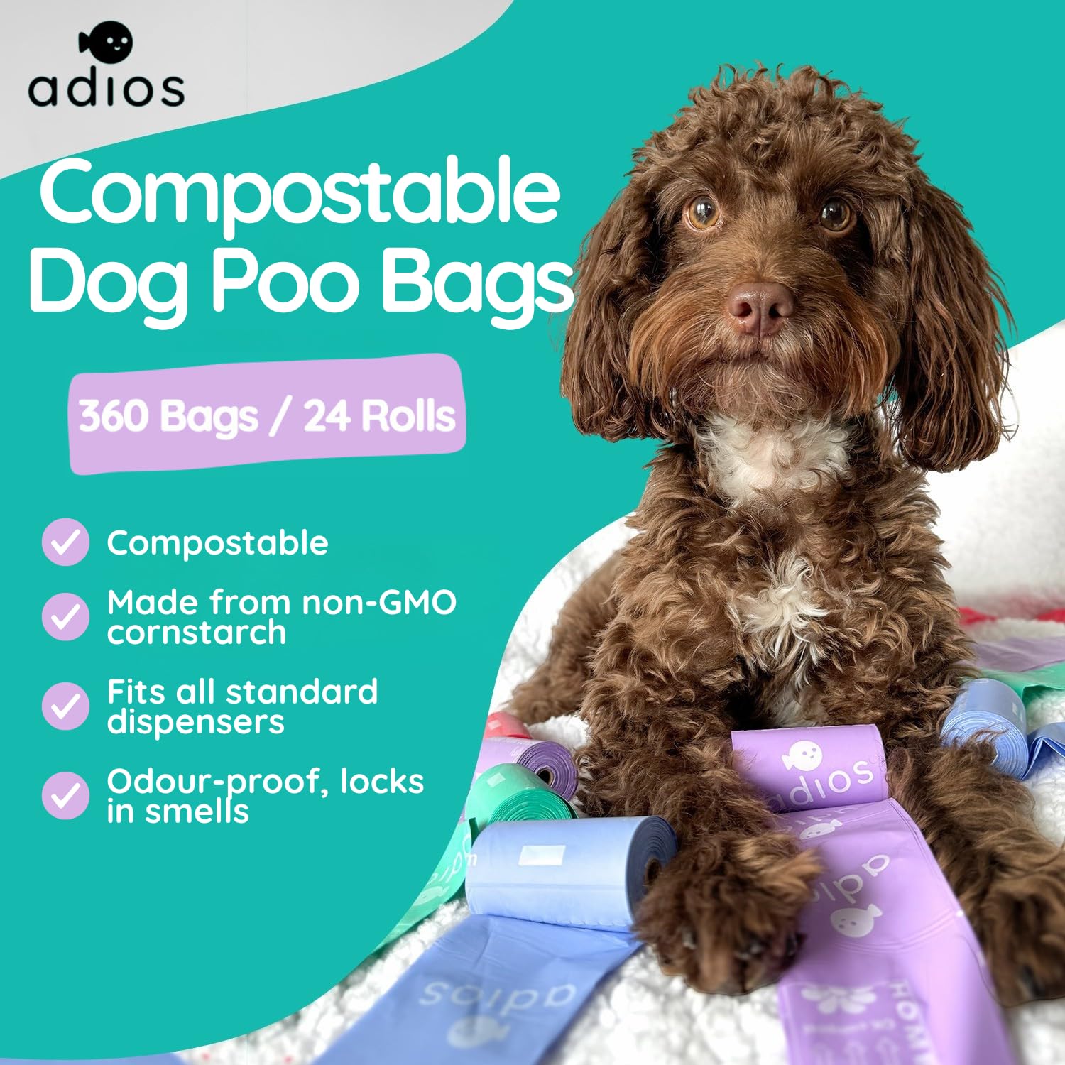 Adios - Bolsas compostables para excrementos de perro, 360 unidades (24 rollos), colores arcoíris, extra gruesas, a prueba de fugas, a prueba de olores, hechas de almidón de maíz compostable, rollos