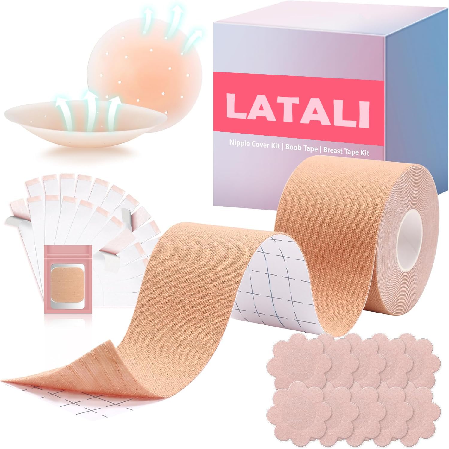 Boob Tape Kit for Women – Instant Breast Lift Tape with 10 Nipple Covers, 36 Fashion Tape Strips & 1 Pair Reusable Silicone Pasties – Waterproof, Skin-Friendly, Invisible Support Beige