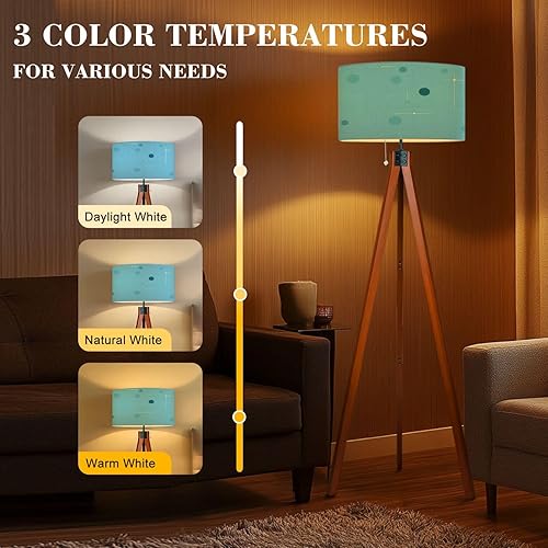 Miniatura 4 de Wood Tripod Floor Lamp Retro Era Infinite Repeat Space Age 50s Mid Century Modern Blue Mid Century Standing Lamp Linen Shade Dimmable Modern Tall