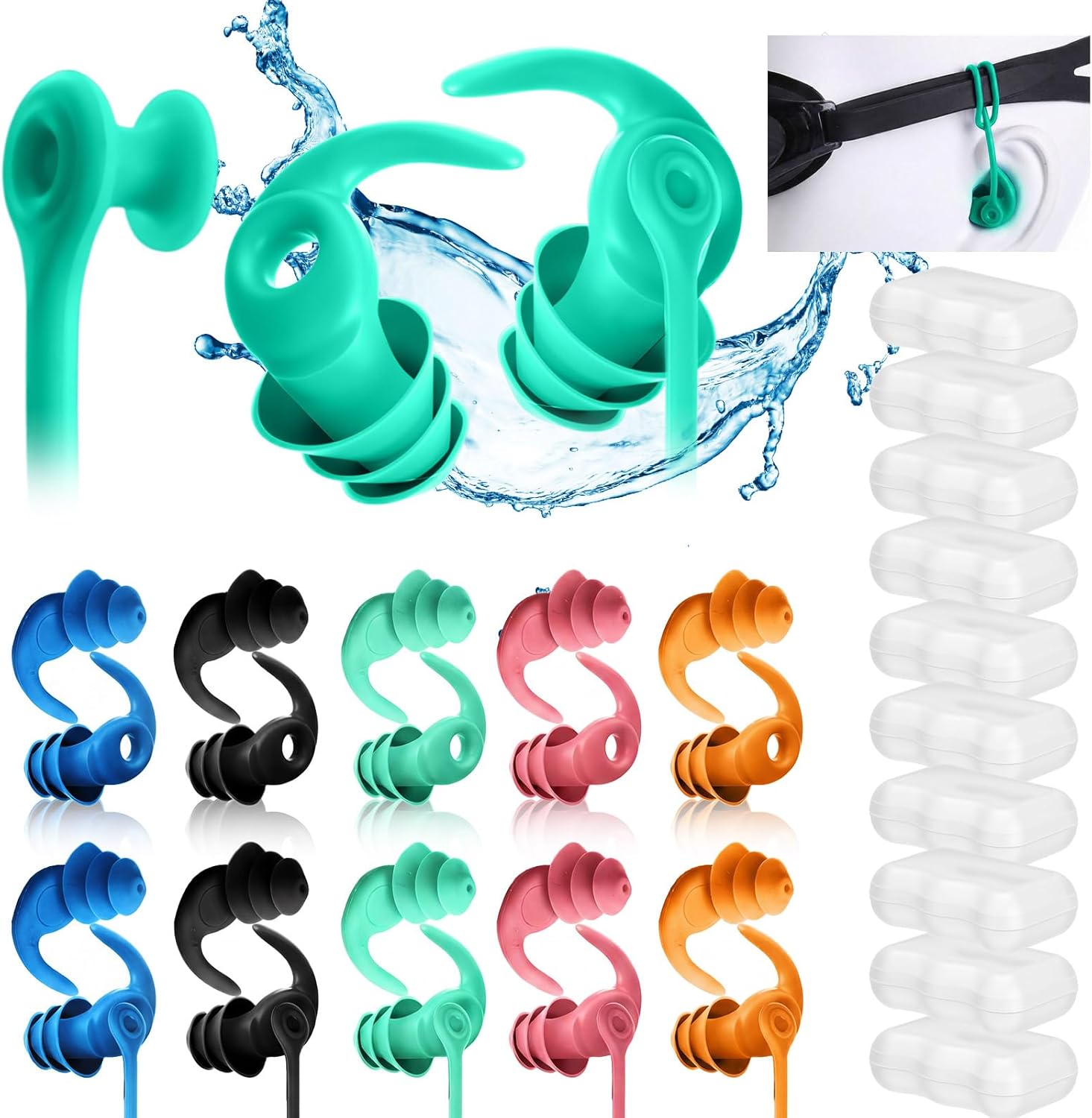 10 Pairs Swimming Ear Plugs for Adults, Reusable Waterproof Silicone Swimming Earplugs with Removable Cord & Case, Bulk Family Pack for Women Men Shower, Surfing & Water Sports