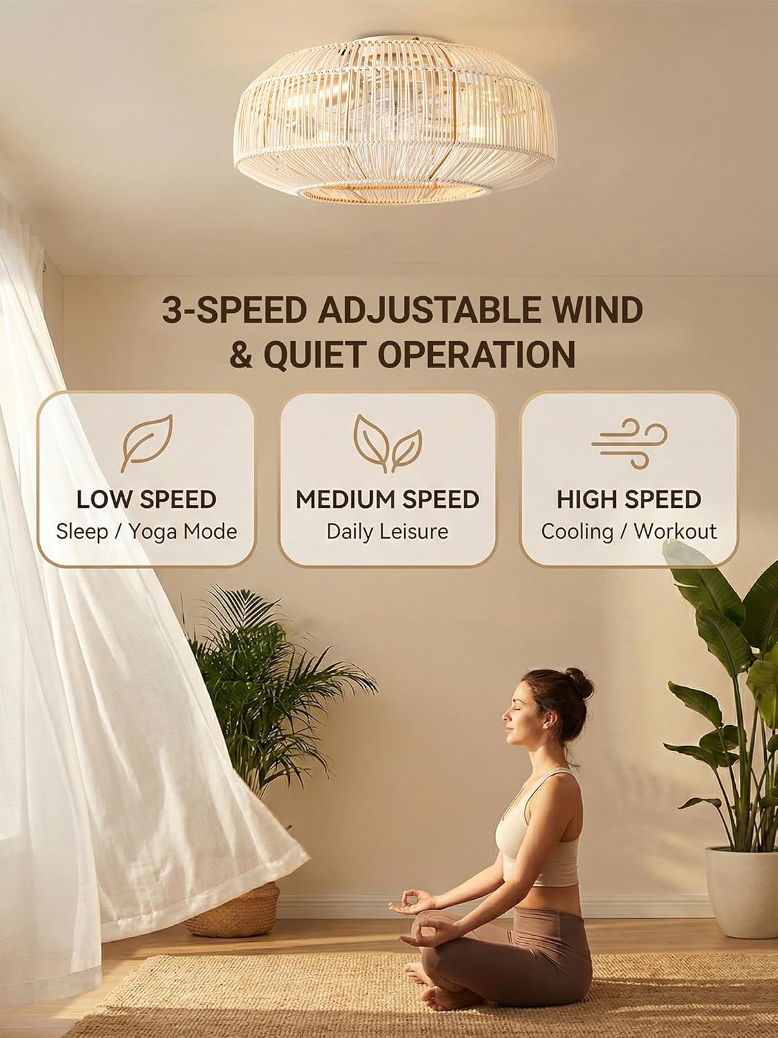 20in Boho Caged Fandelier with Lights, Rattan Low Profile Ceiling Fan with Remote Control, 6 Speeds Flush Mount Ceiling Fan with Light for Bedroom,Living Room,Kitchen