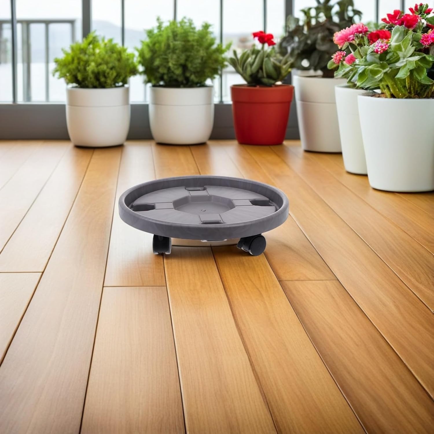 2pcs Plant Saucer with Wheels for Indoor Outdoor Use, 36cm Thick Plastic Movable Planter Stand with 360° Swivel Lockable Casters, Rolling Flowerpot Tray for Balcony Garden Patio