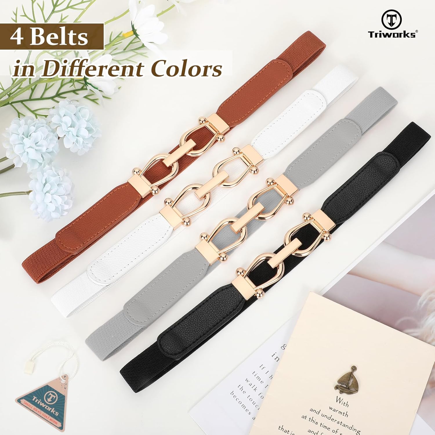 4 Pack Women Skinny Elastic Belts Gold Buckle Thin Stretchy Waist Belts for Dresses - Image 7