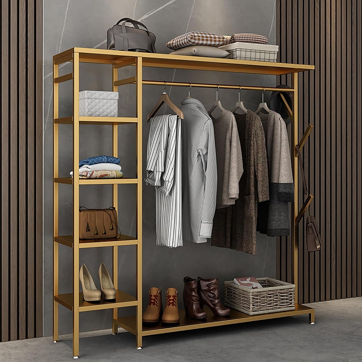 金属製ハンガーラック、多機能コートラックスタンド、コート掛け, 衣類を掛ける、フック4個付き、玄関や寝室用の自立式ハンガー-ラック(