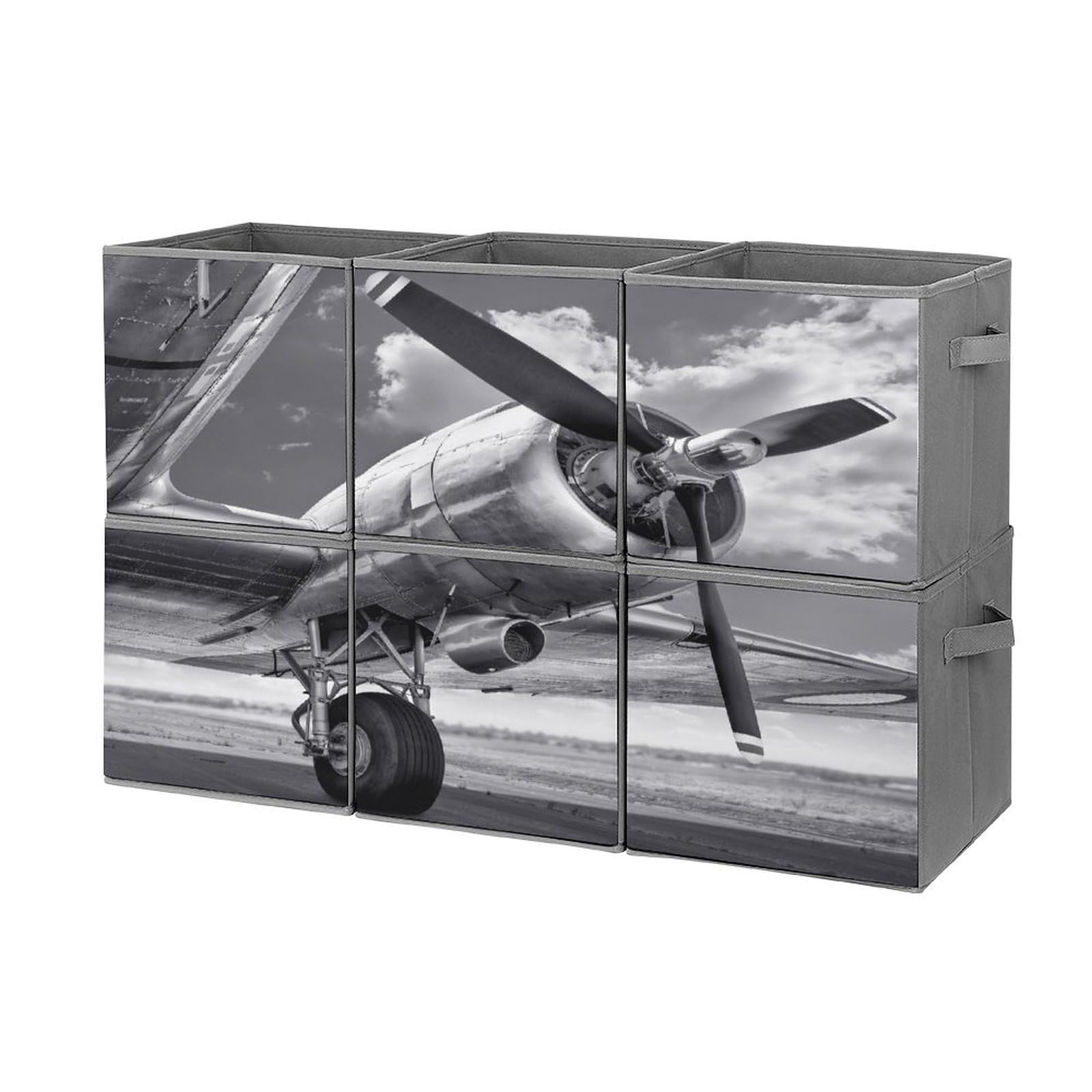 11 Inch Foldable Bins Airplane on Runway Fabric Storage Bin Organizer Cubes with Handles Clothes Blanket Toys Box for Home Office 6-Pack