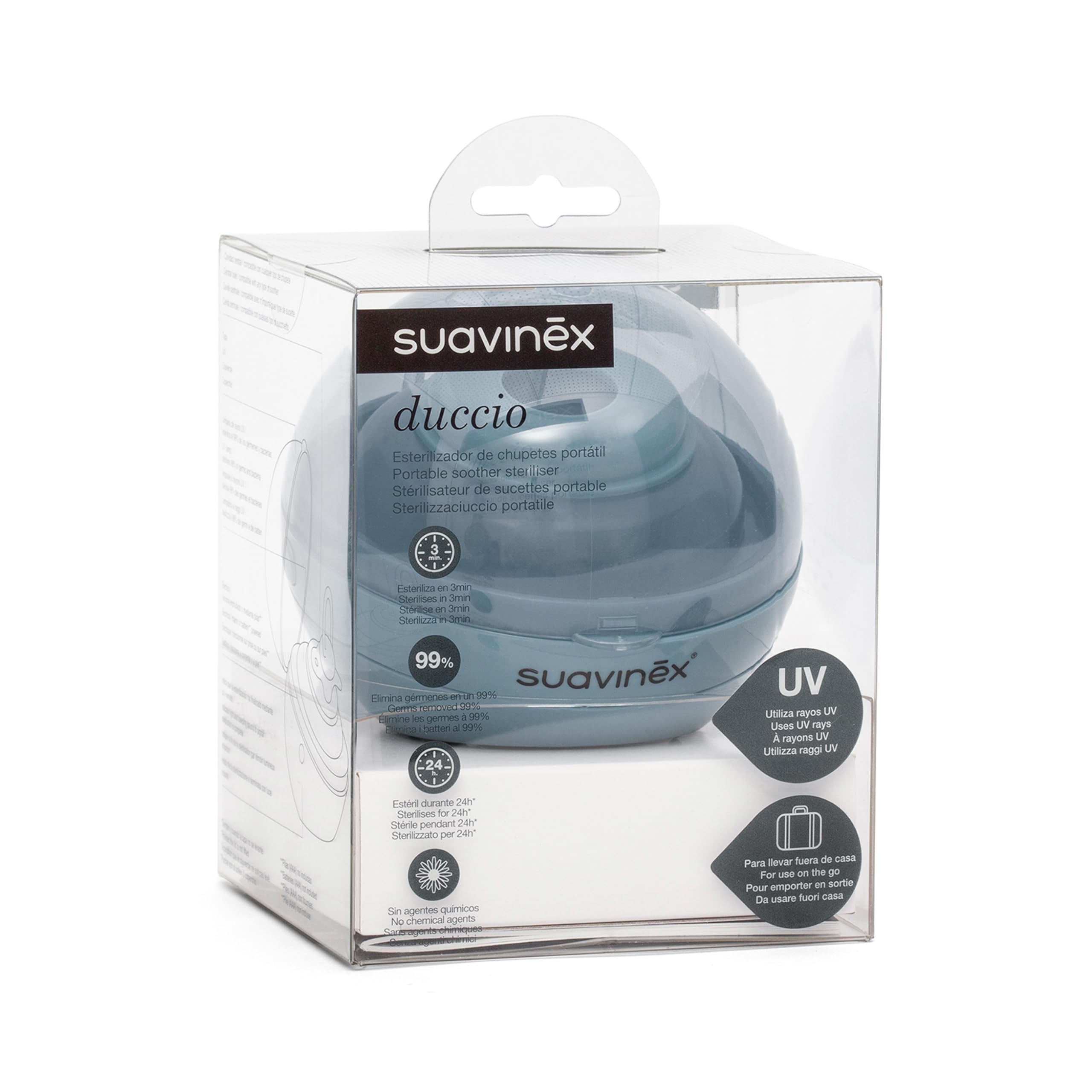 Suavinex sterilizzatore portatile per ciucci con luce UV, elimina il 99% dei germi in 3 minuti, funziona con batterie o USB,senza agenti chimici, ottimo per viaggiare, Duccio Blu