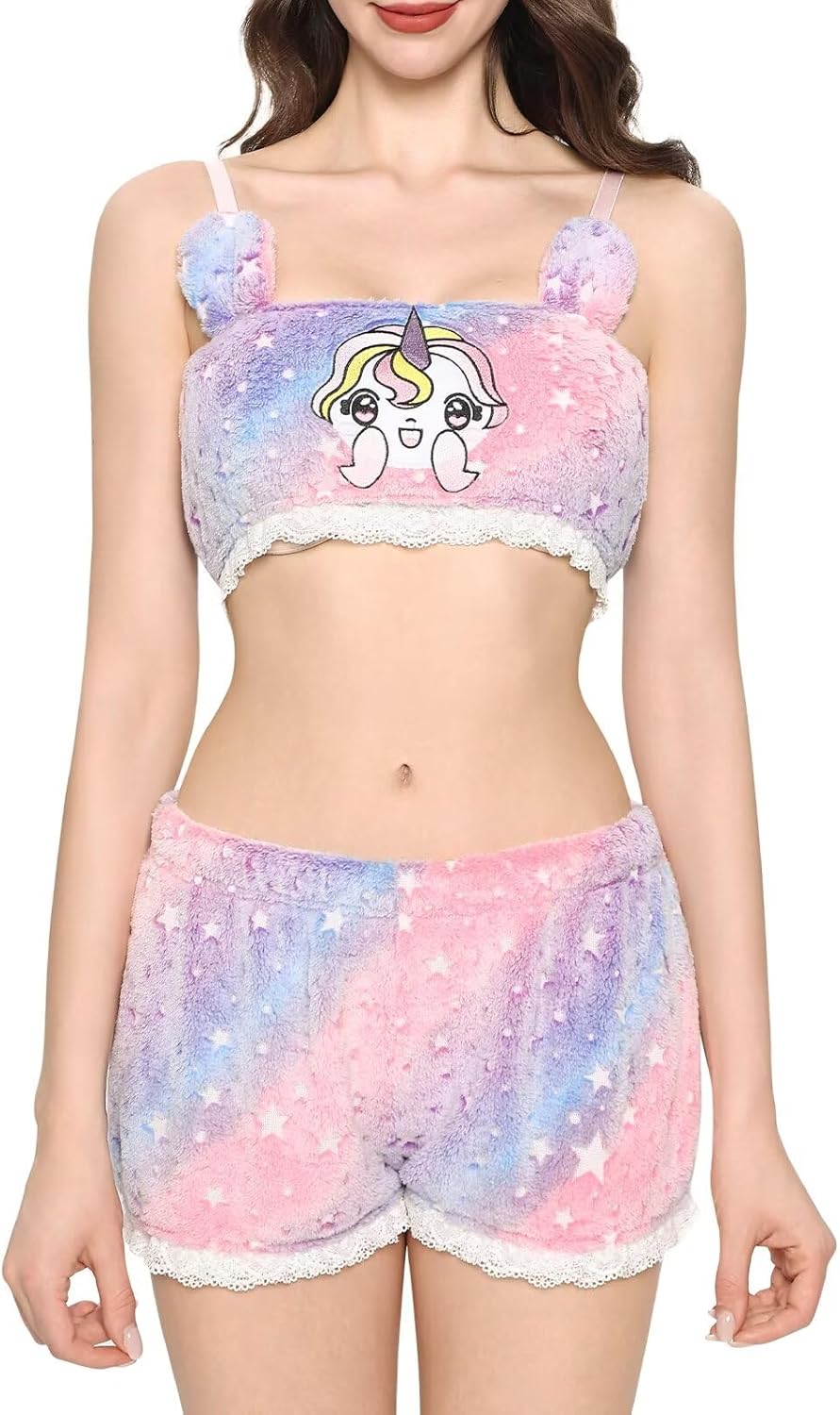 Womens Cute Pajama Sets Shorts and Tube Top Loungewear Fuzzy Pajamas Cartoon Sleepwear Furry Lingerie