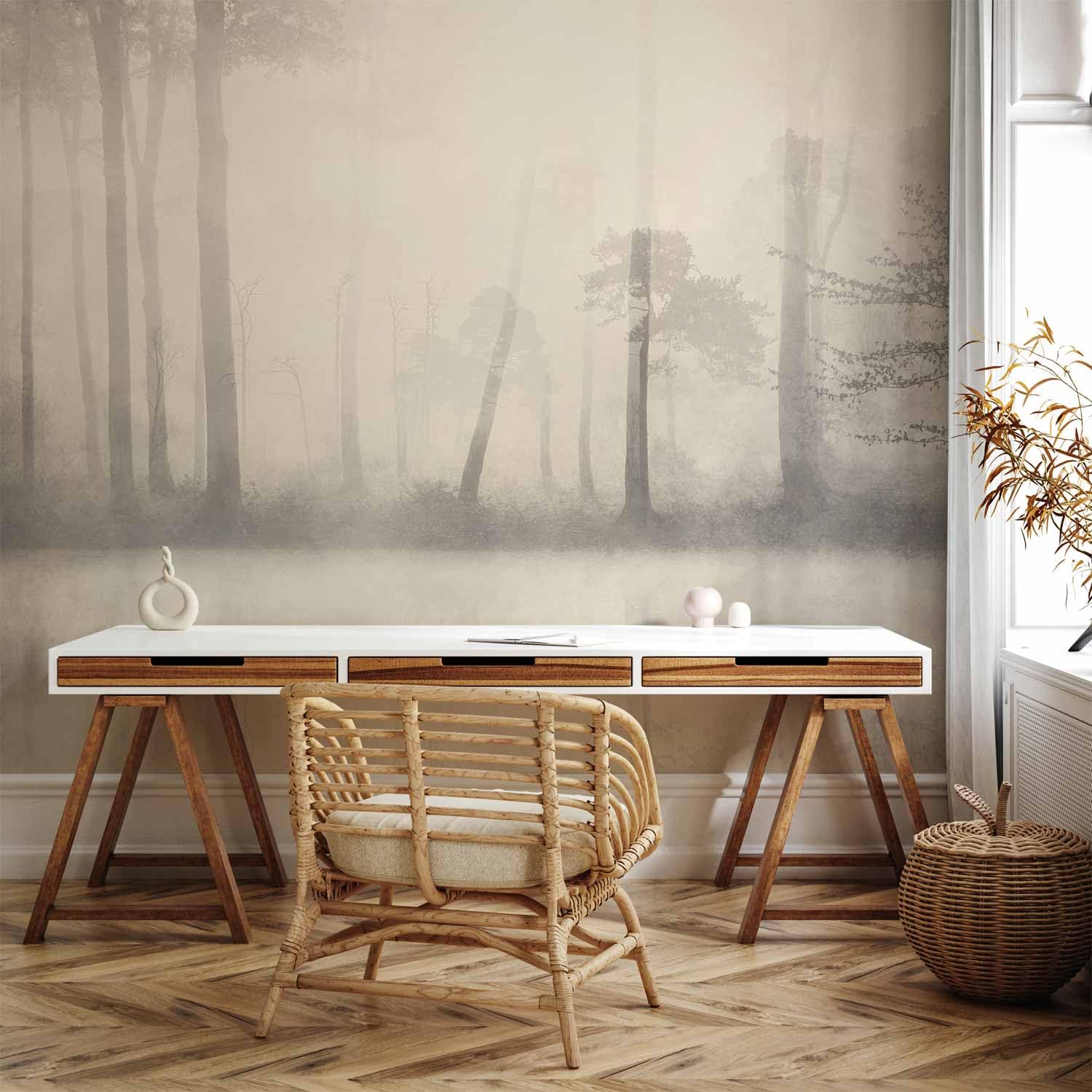 murando Fototapete Premium-Vlies Wald 450x315cm Foto Tapete Schlafzimmer Wohnzimmer Moderne Vliestapete XXL Wandtapete Motivtapeten Bildtapete 3d Effekt Wand Dekoration Bäume Nebel Bach Landschaft